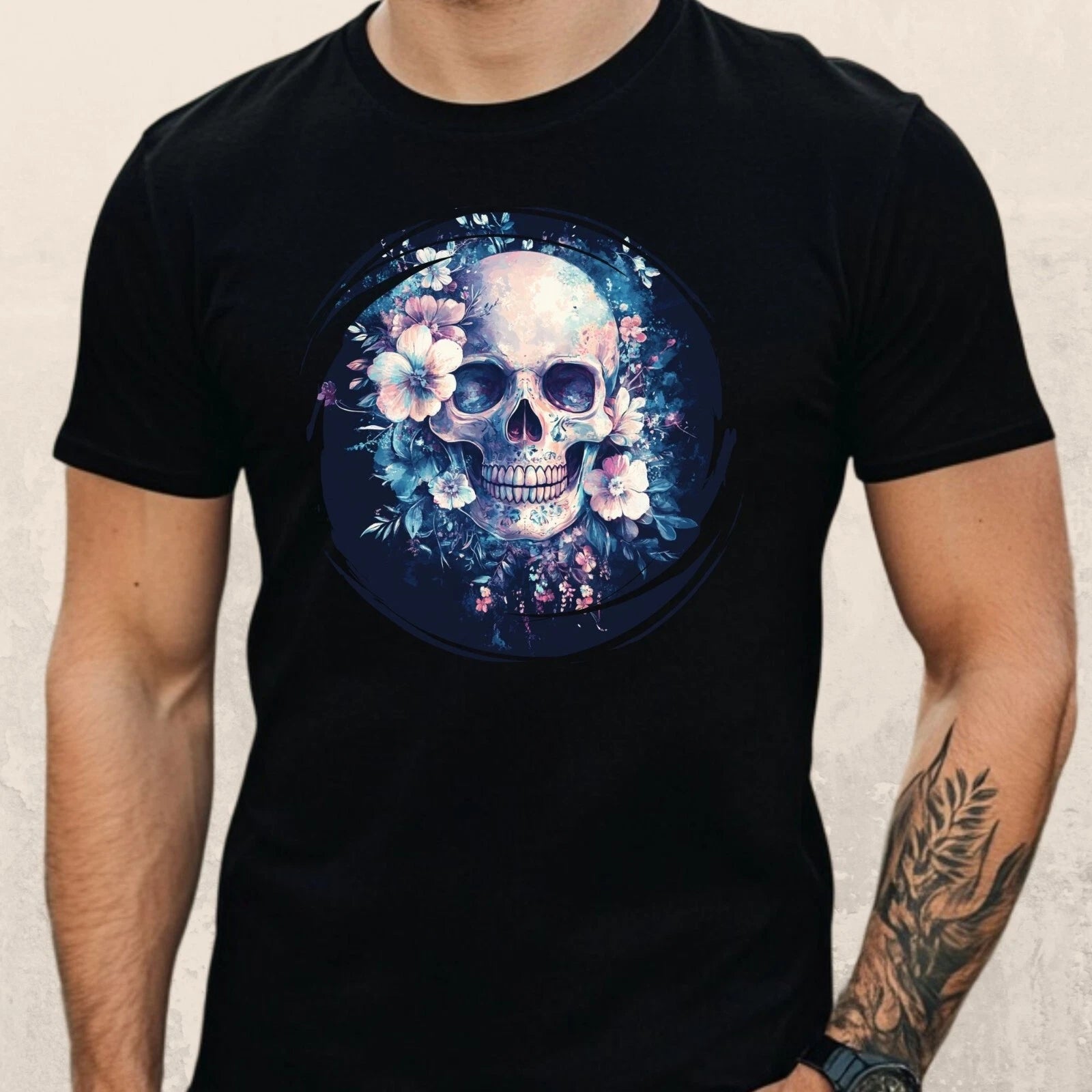 Mens Pastel Floral Skull Motif Cotton T-Shirt Size XS to 5XL