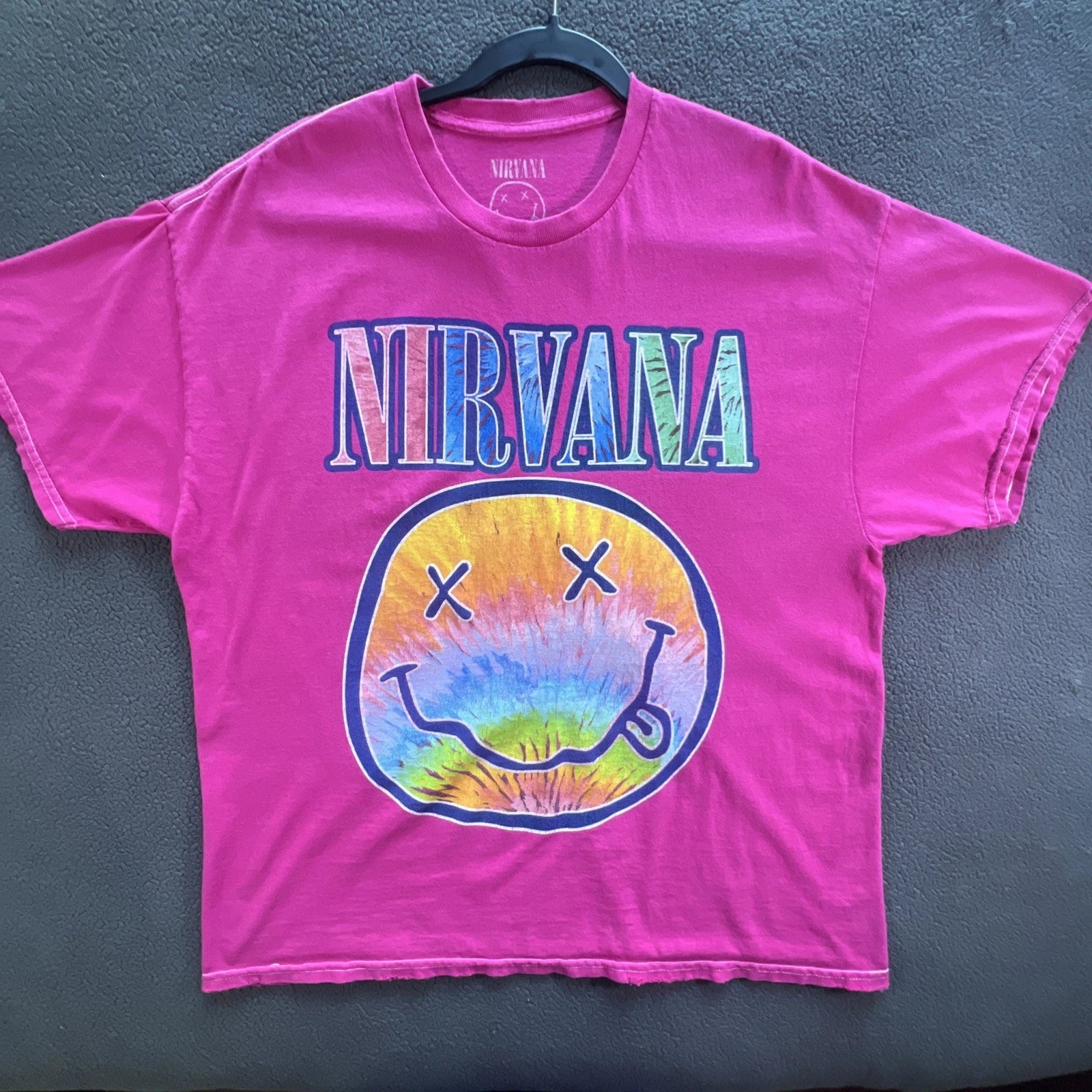 Nirvana T-Shirt Adult Size Large Pink Tie Dye Smiley Face Grunge Band Tee