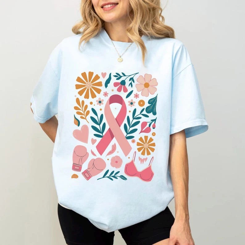 Boho Breast Cancer Awareness Shirt, In October We Wear Pink Tee, Coquette Ribbon