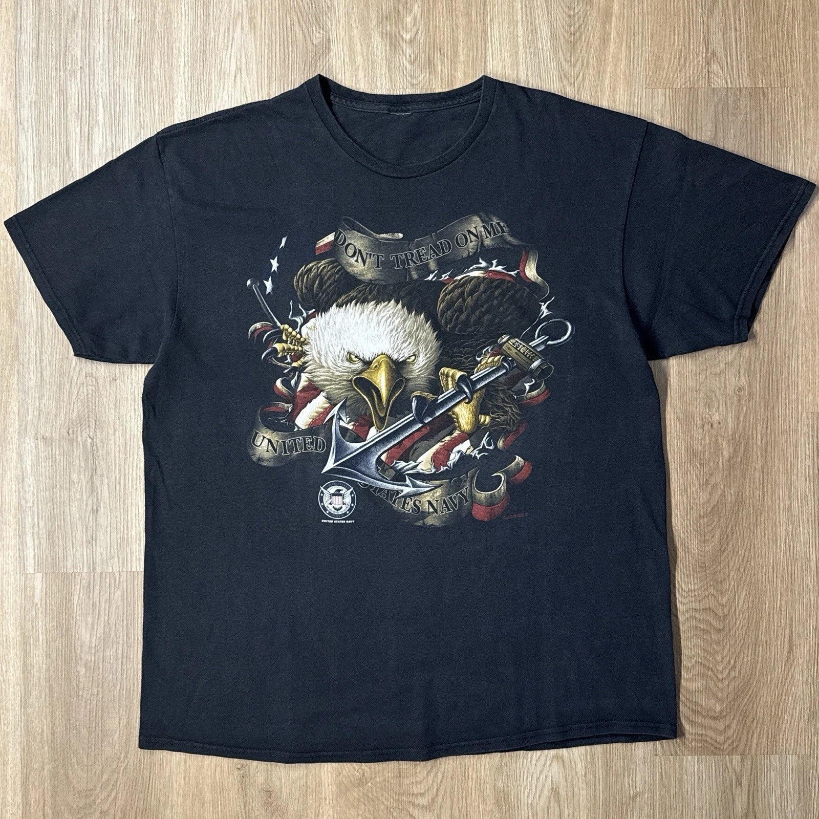 Vintage US Navy Graphic T Shirt XL Boxy Faded Black Eagle Y2K Black Ink Design