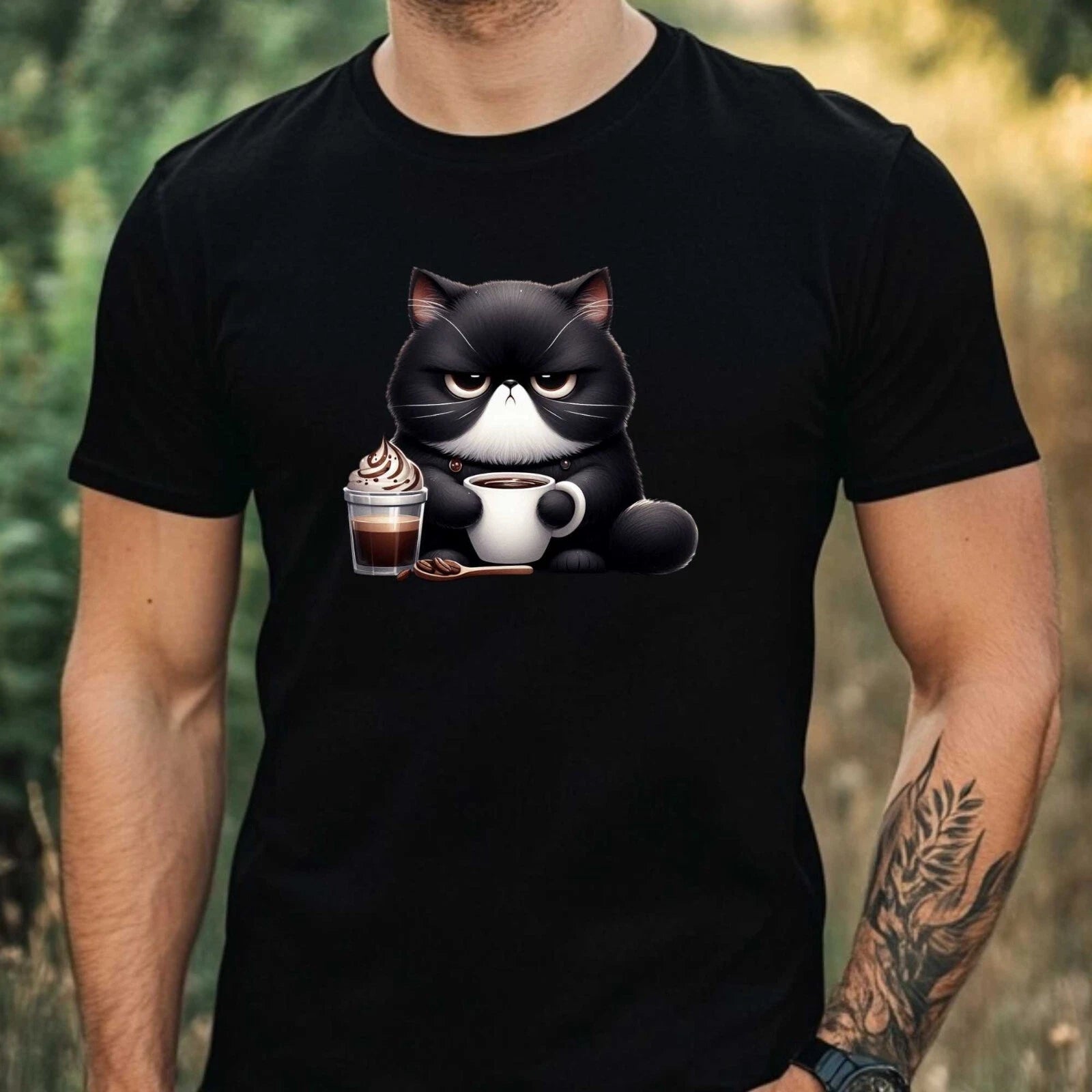 Mens Grumpy Black Cat Print Cotton T-Shirt Size XS to 5XL