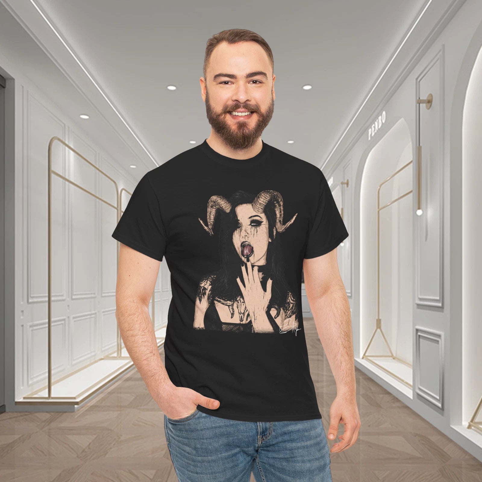 Raven Alternative Gothic Demon Horns Tattooed Woman Graphic T-Shirt
