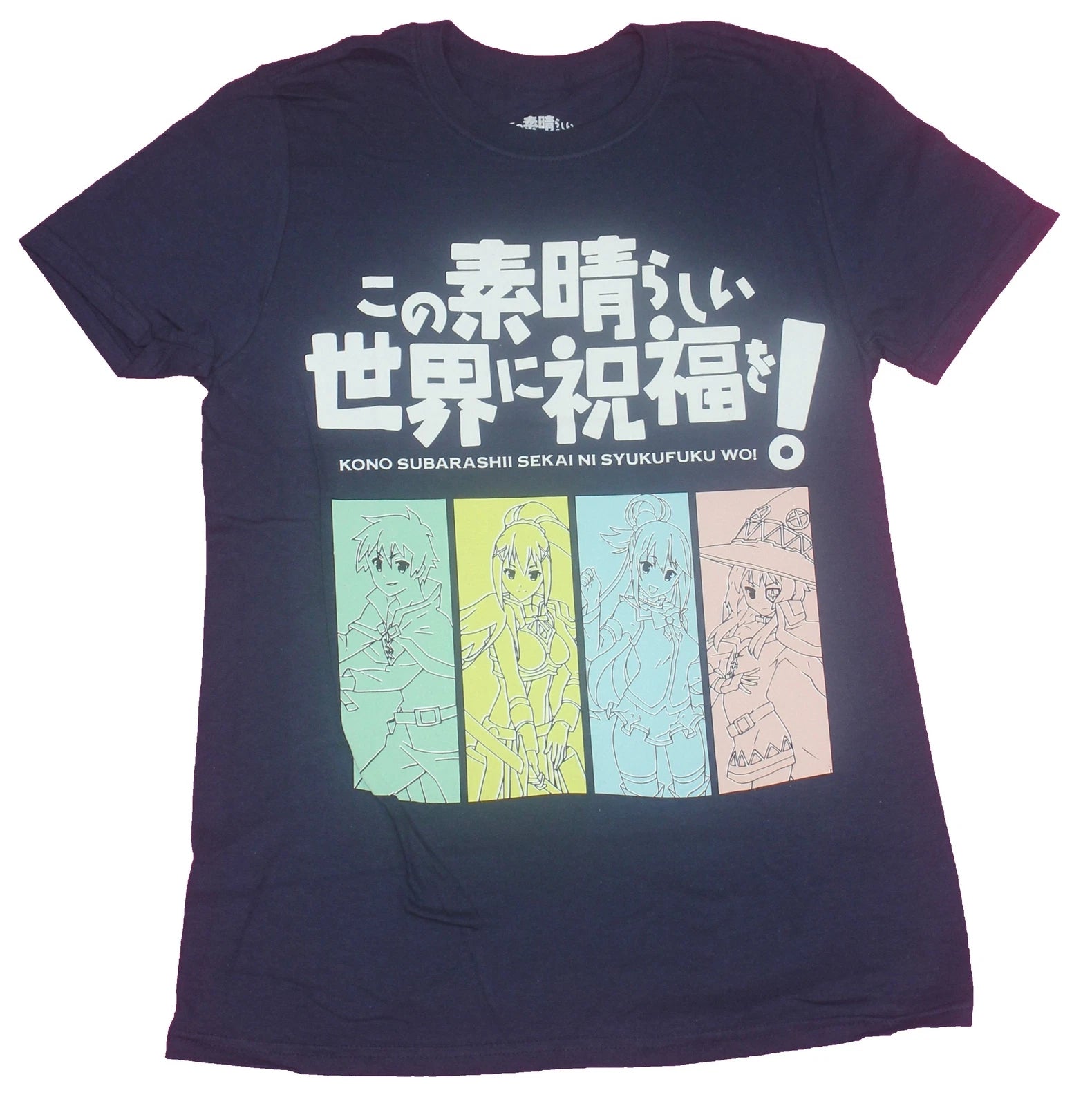 Konosuba Adult New T-Shirt- 4 Pastel Girls Under Kanji Logo Pic