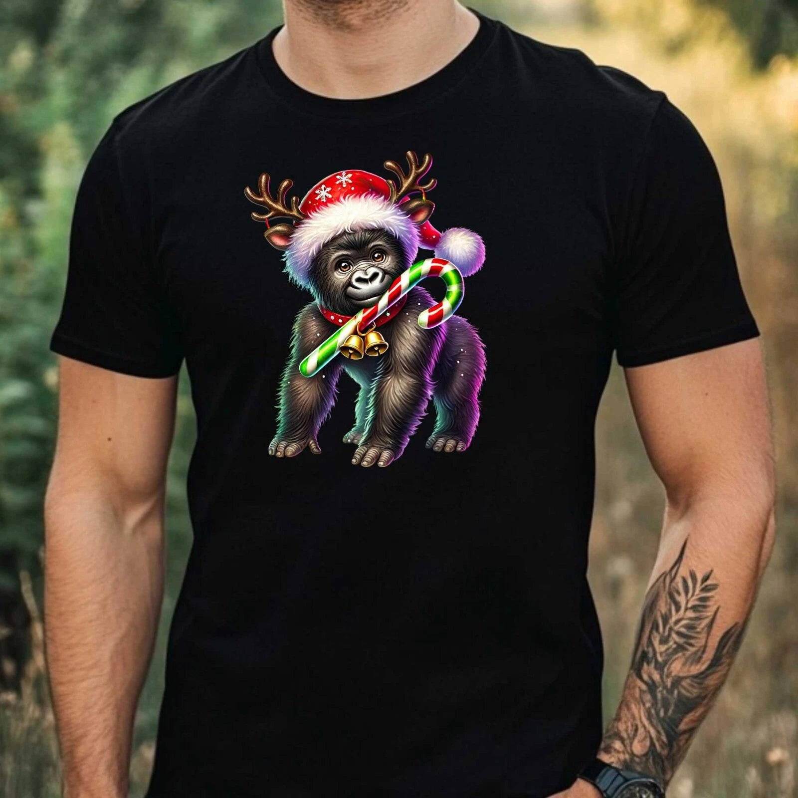 Mens Christmas Gorilla Theme Cotton T-Shirt Size XS to 5XL
