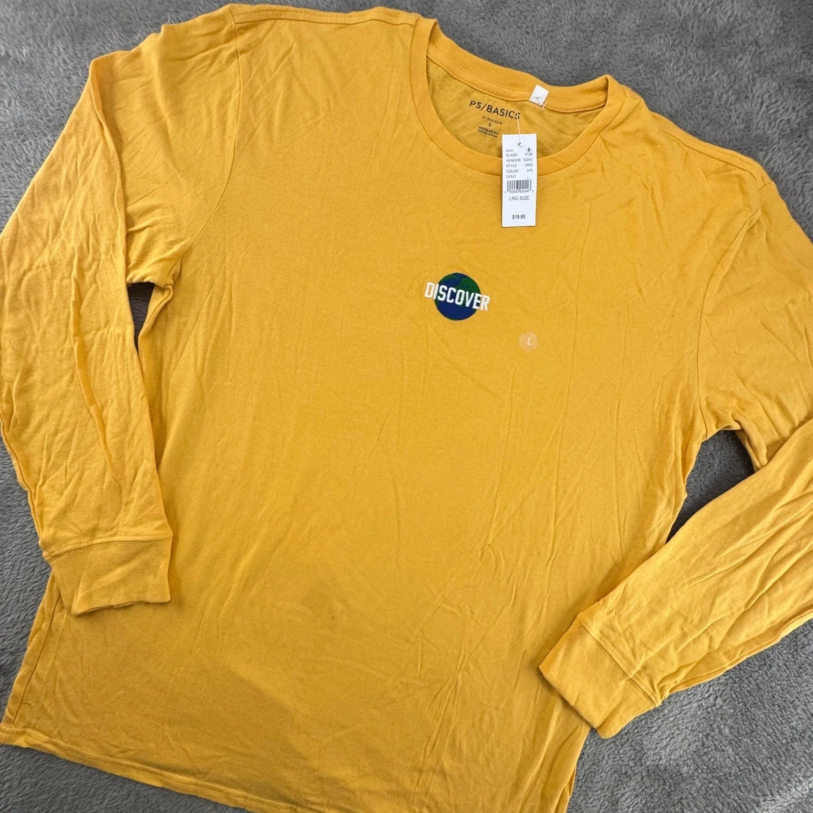 PS Basics PacSun Mens L Discover Globe Graphic Long Sleeve T-Shirt Gold Yellow