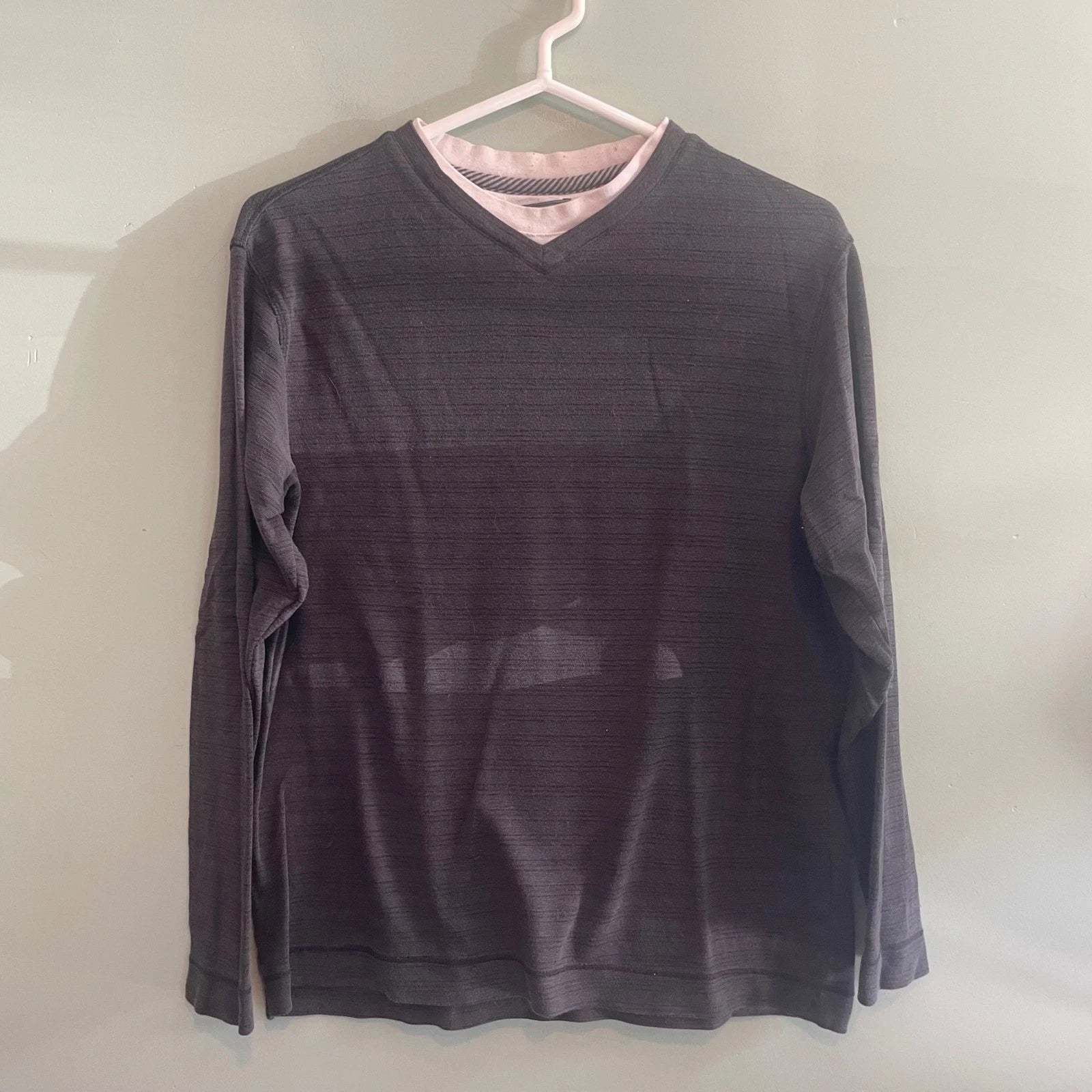 Method Mens Casual Minimalist Pullover V-Neck Long Sleeve Shirt Grey Small