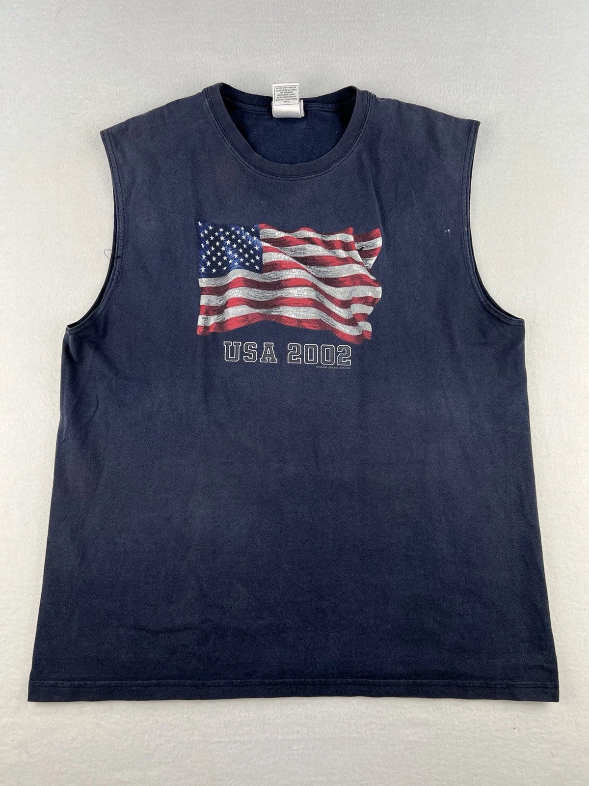 Vintage Y2K 2002 USA Flag Sonoma T-Shirt Cut Sleeves Navy Blue Men Size L