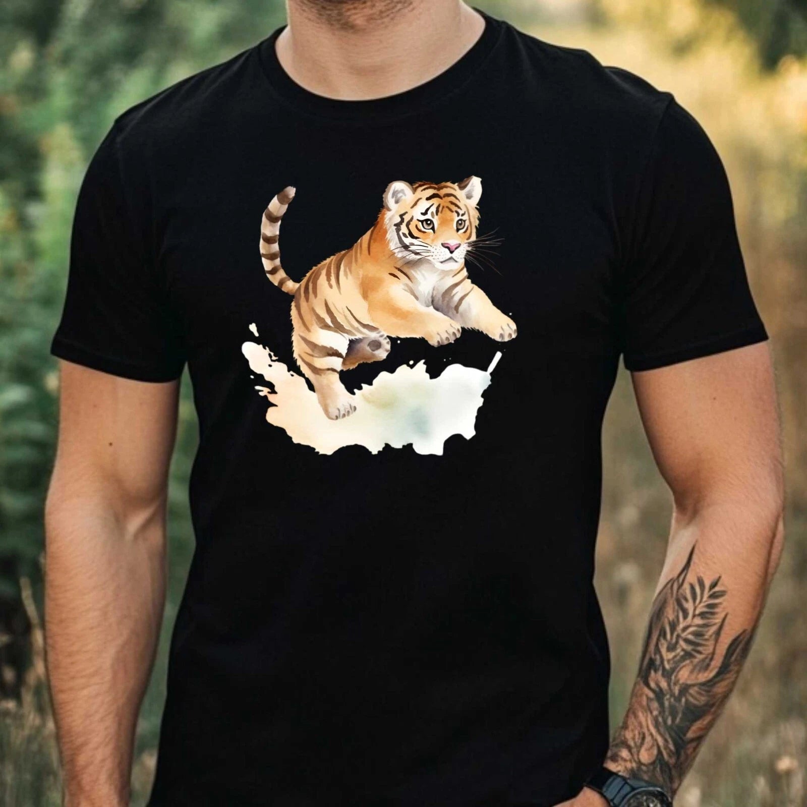 Mens Watercolour Tiger Print Cotton T-Shirt Size XS to 5XL