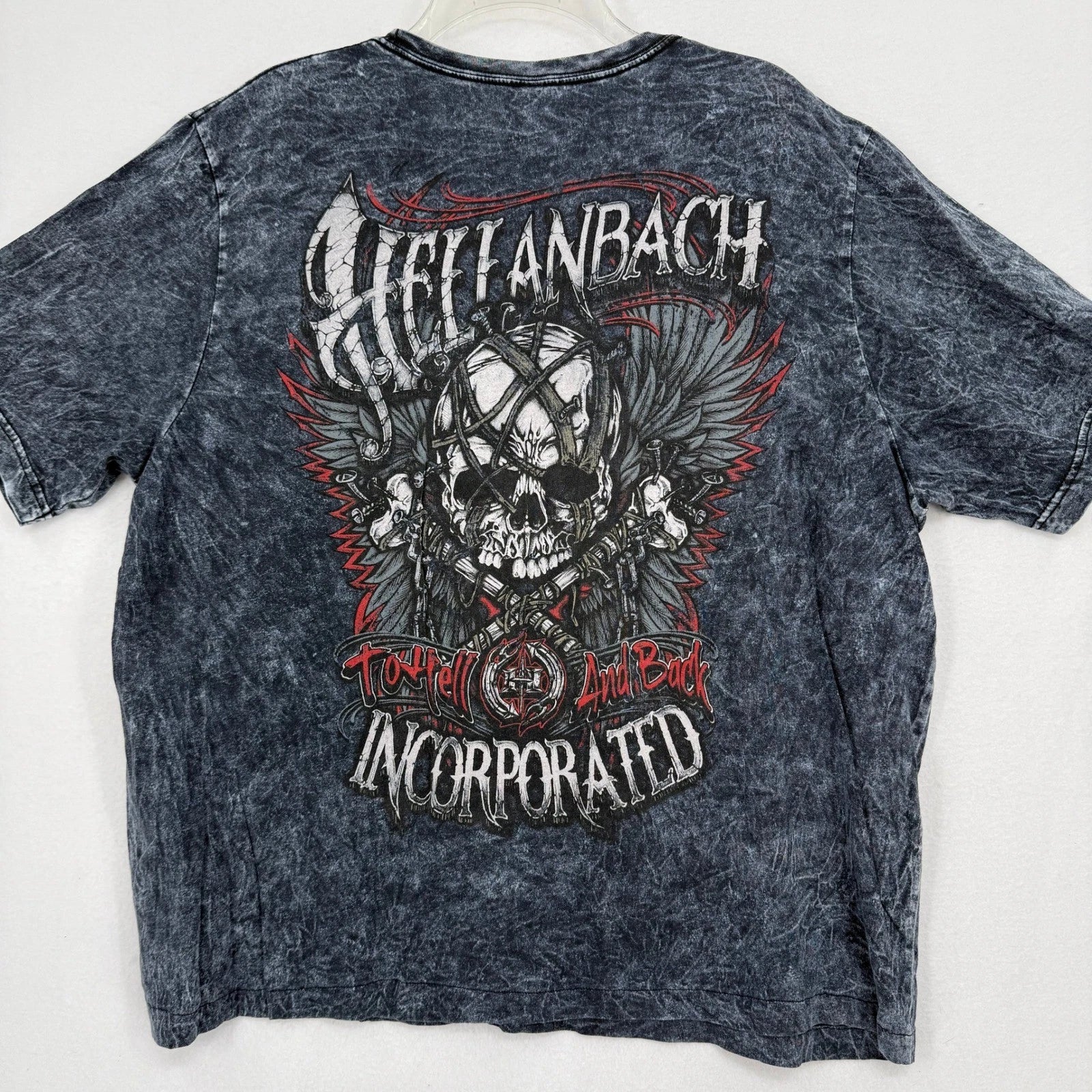 Hellanbach Graphic T-Shirt Mens XL Gray Acid Wash Skull Wings To Hell And Back