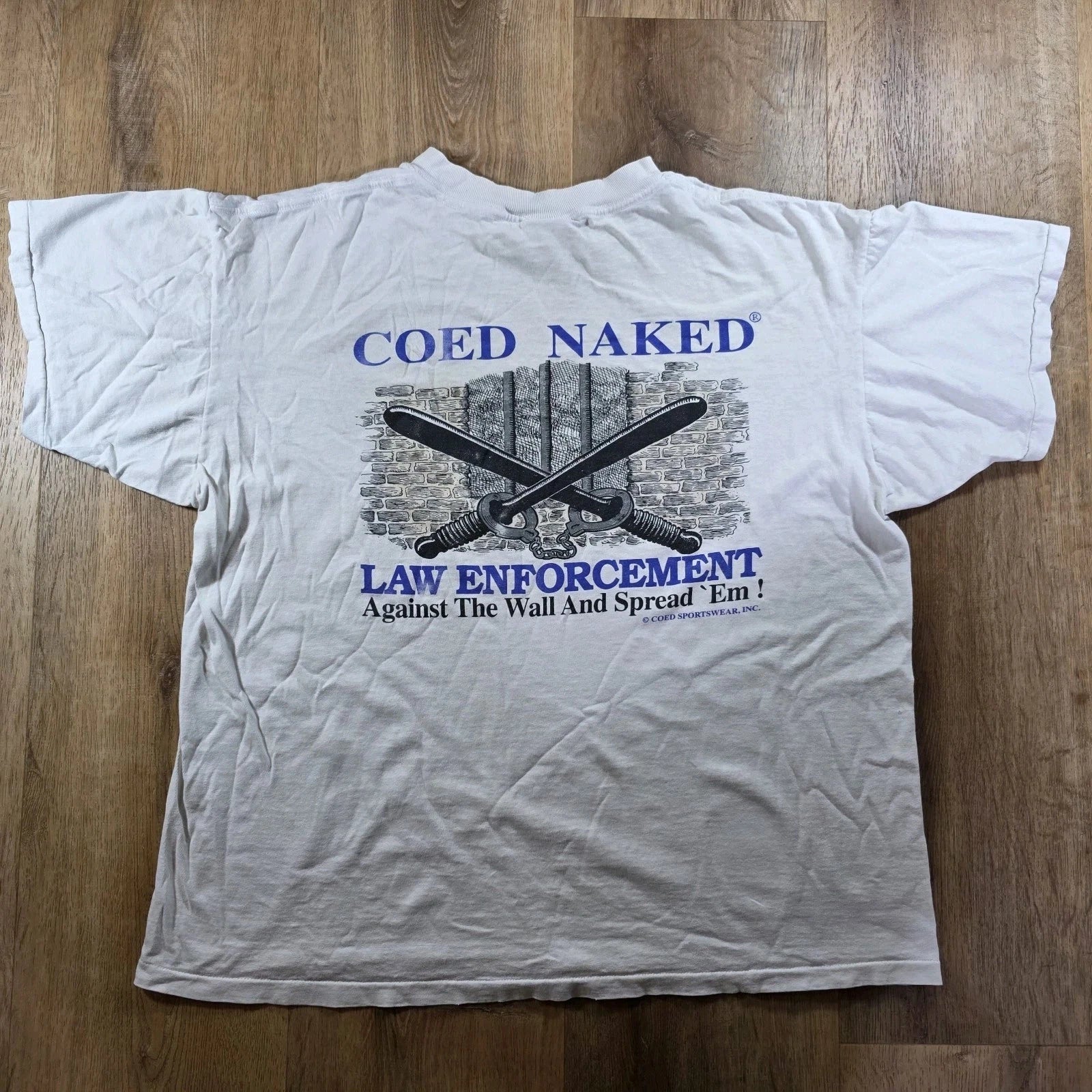 Vintage Coed Naked Law Enforcement T Shirt White XL Graphic Tee 90s Funny