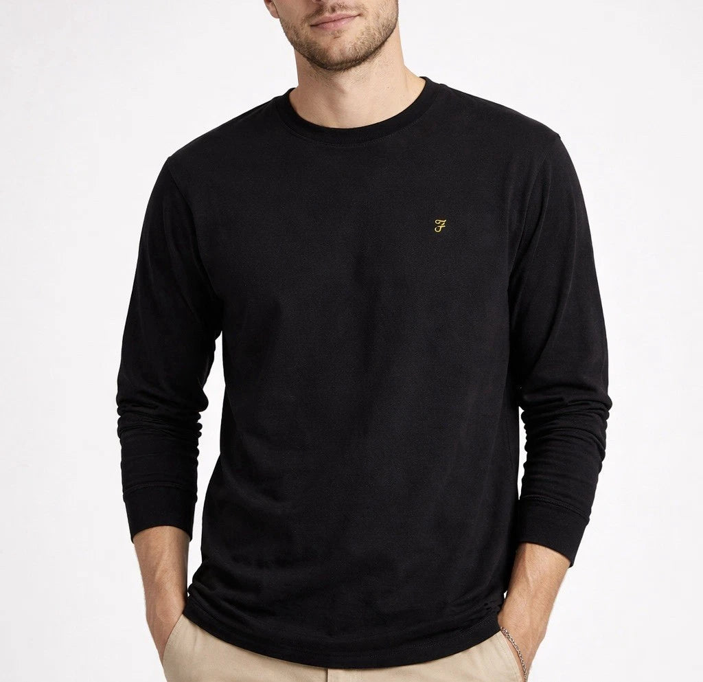Farah Black Organic Cotton Long Sleeve Crewneck Mini Logo Shirt Size XL Mens