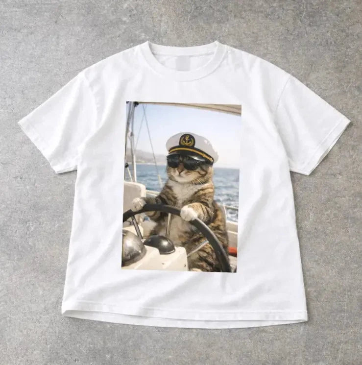 Vintage Cat T-Shirt - Funny Cats Sailing Graphic Tee, Viral Meme