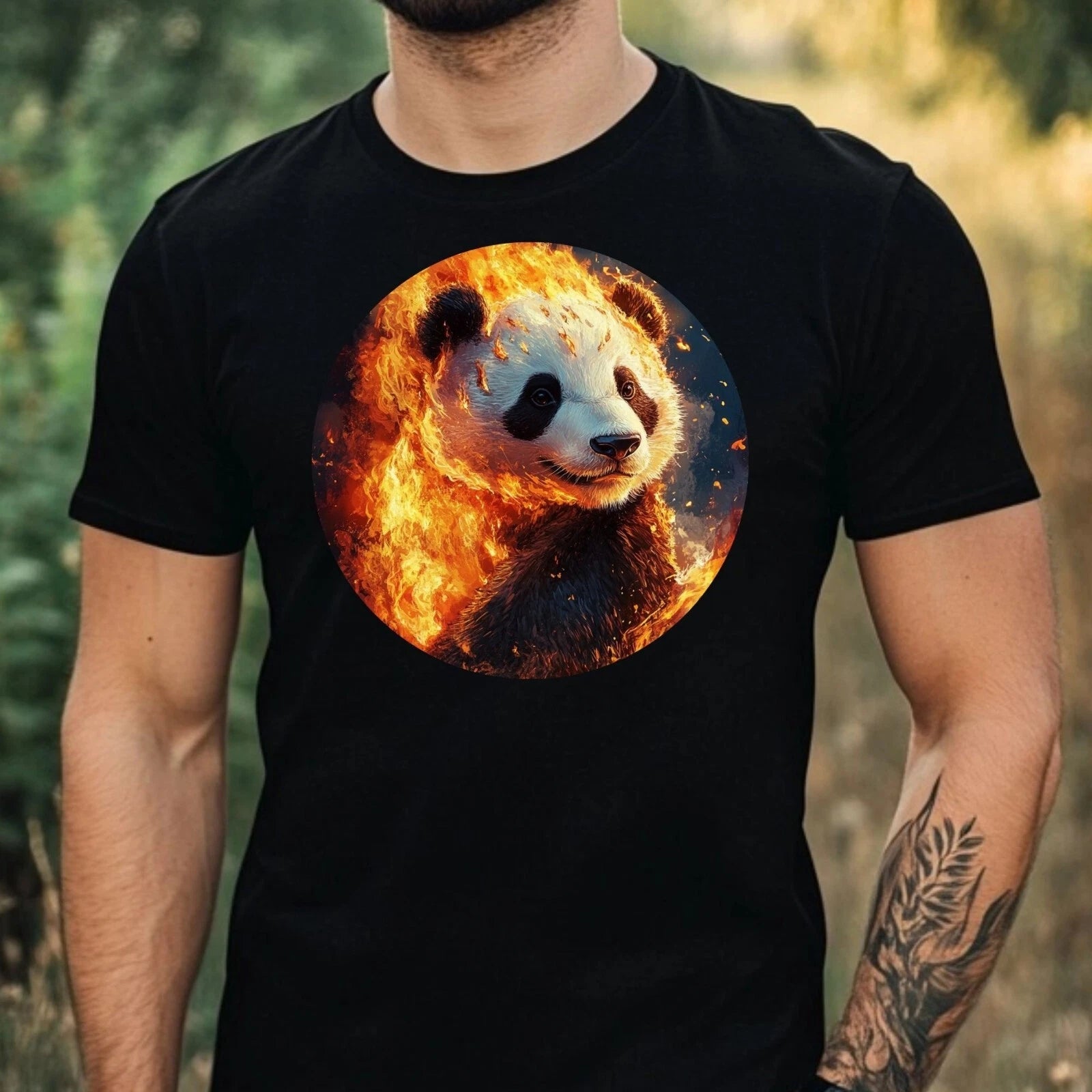 Mens Panda on Fire Motif Cotton T-Shirt Size XS to 5XL