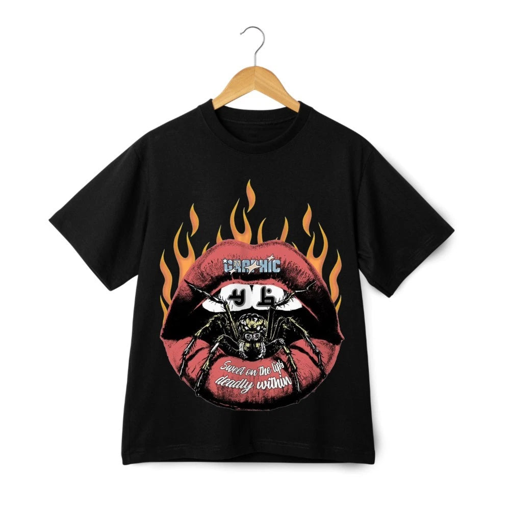 Gothic Lips Spider Fire Flame Rock Style T-shirt - Edge Fashion Retro Streetwear