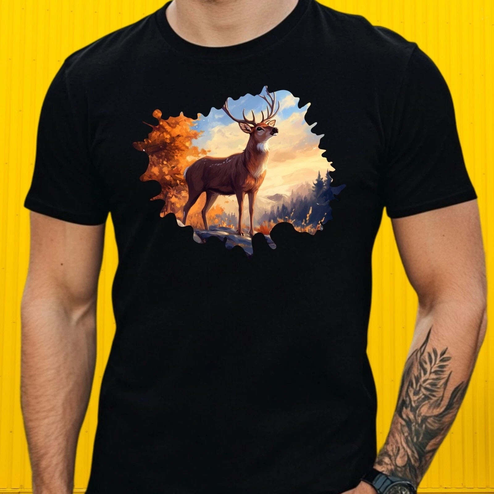 Men's Deer in Nature Motif Cotton T-Shirt Size XS to 5XL