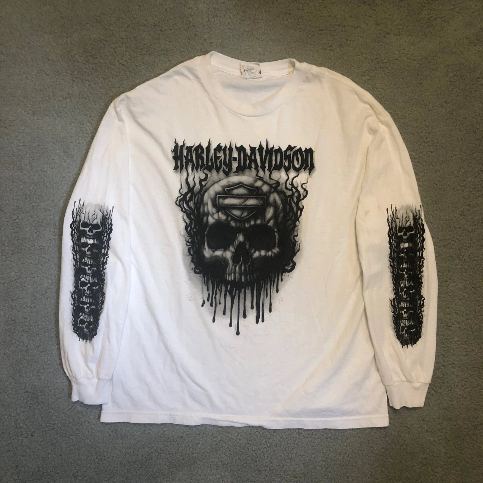 Harley Davidson Skull Flames Long Sleeve Hit T-Shirt White XL Grunge Biker