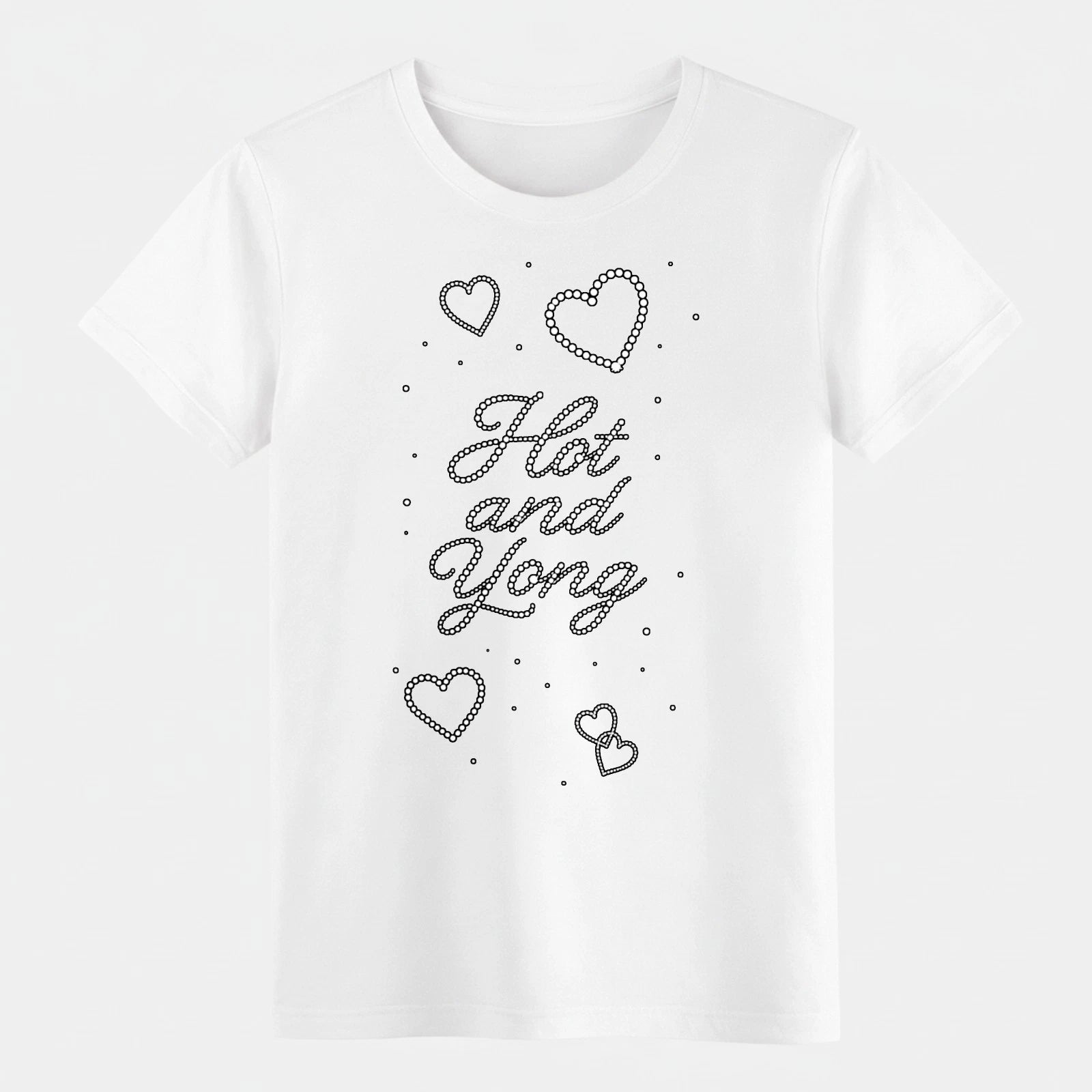 "Hot and Young" Rhinestone-Style Graphic T-Shirt, Cute Hearts Casual Cotton Tee