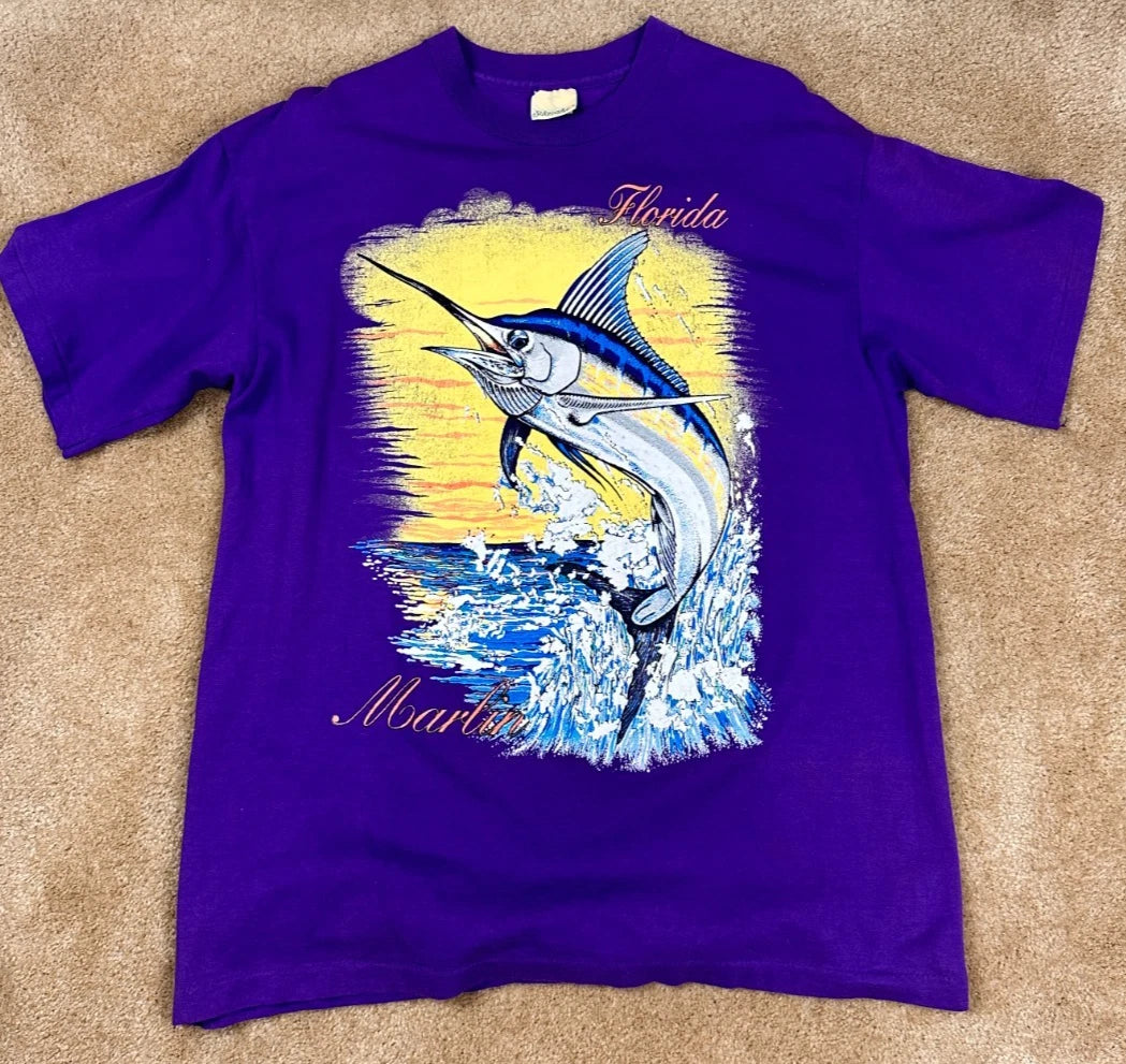 Vintage Florida Marlin Tourist T-Shirt Adult Large Purple 90's Deadstock Ocean