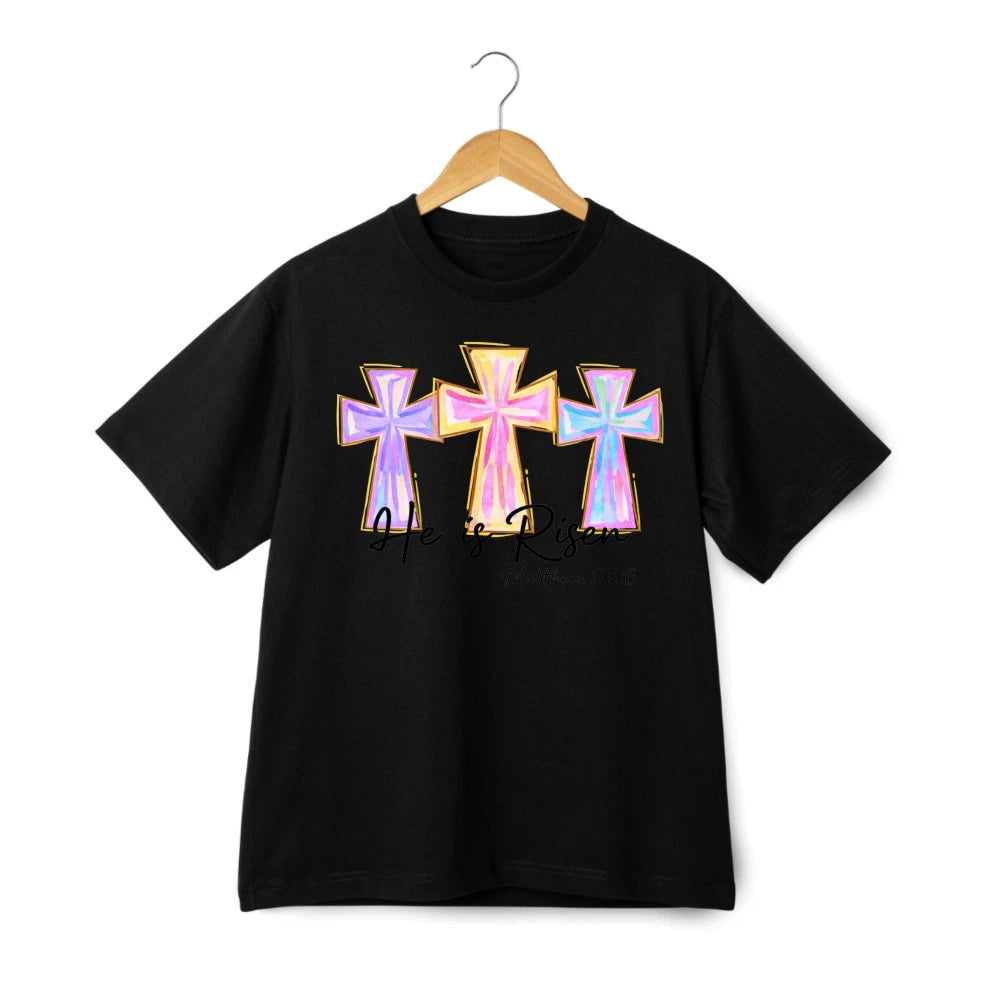 He Is Risen Watercolor Cross Tee, Easter Faith Graphic T-Shirt for Men Women