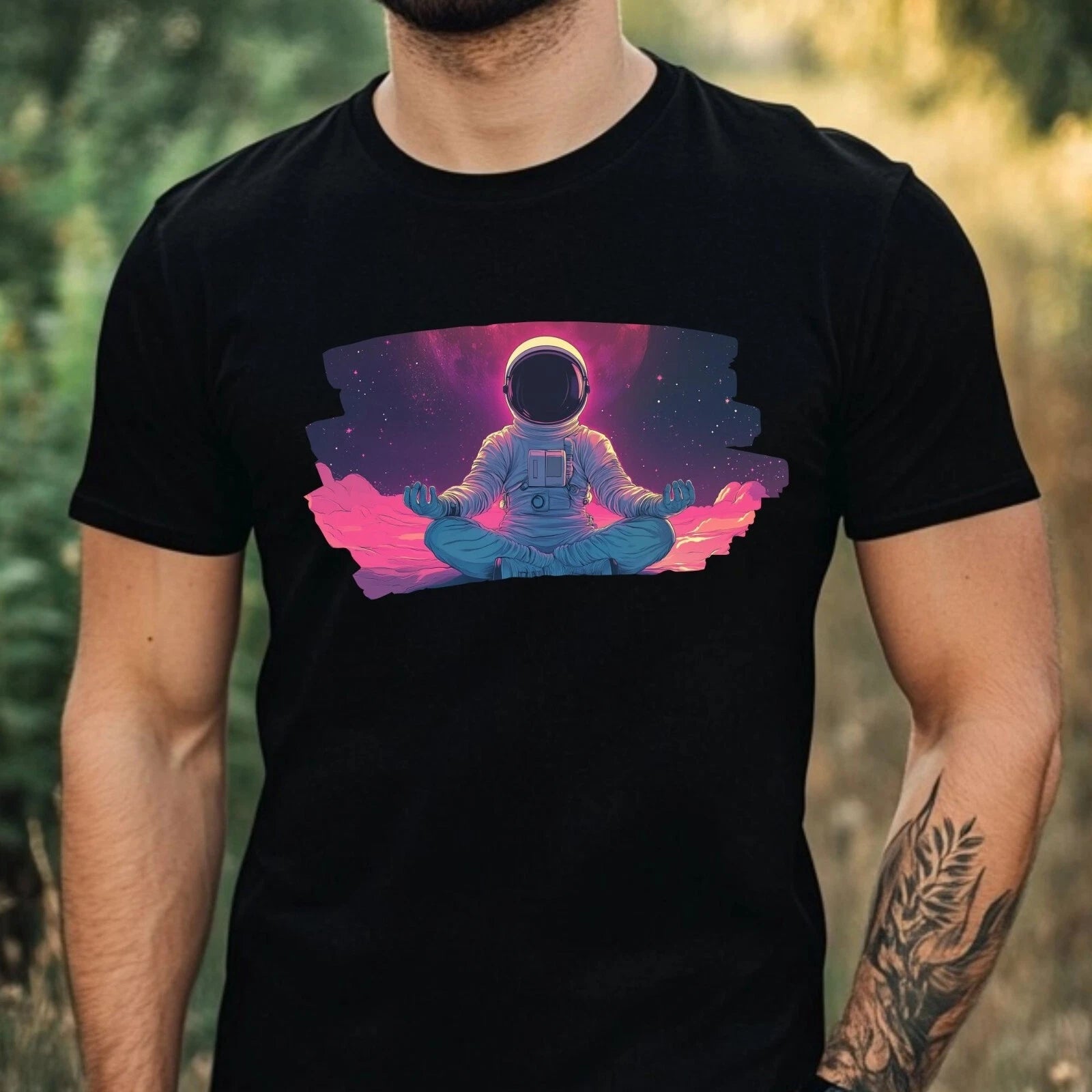 Mens Meditating Astronaut Motif Cotton T-Shirt Size XS to 5XL