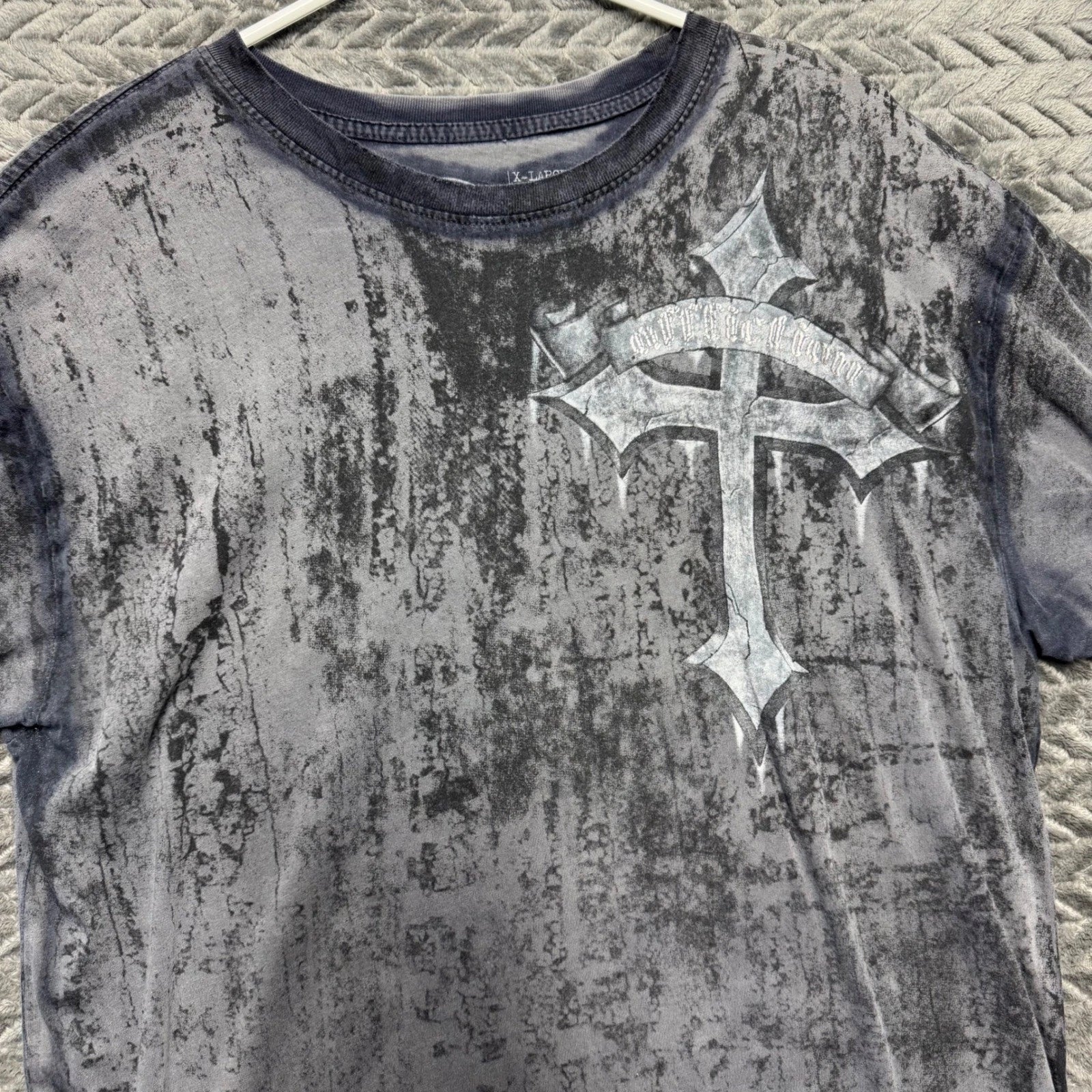 Affliction T-Shirt XL Gray Excellent Gothic Skull Cross Acid Wash MMA (1627)