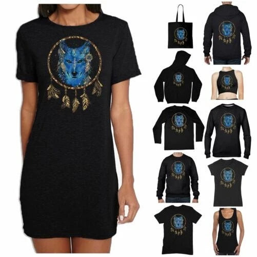 Wolf Dreamcatcher Blue Gold Boho Hipster T-Shirt - Tribal Hippy Bohemian