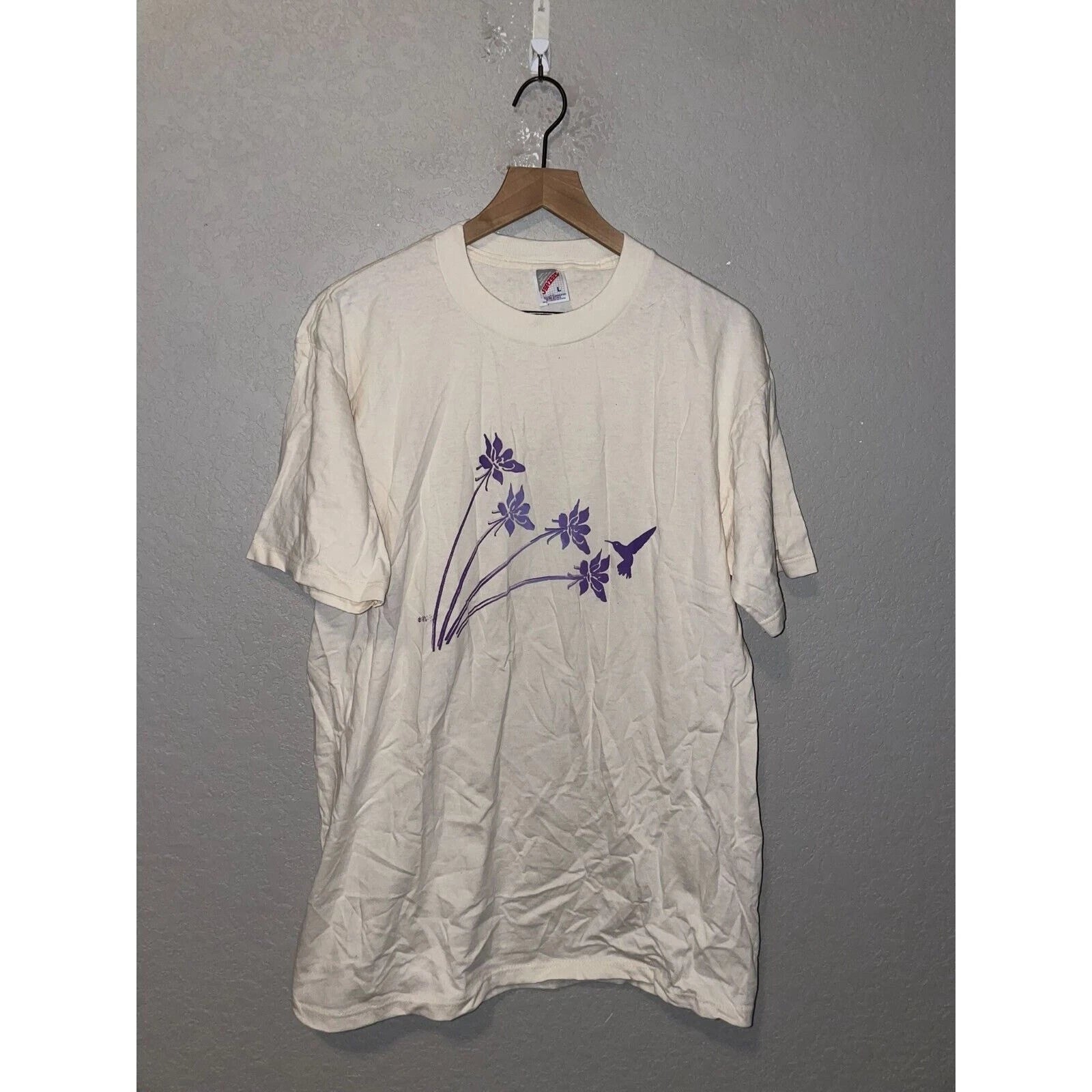 Vintage Flower Shirt Jerzees Minimalistic Floral Hummingbird Print Cream L Tee