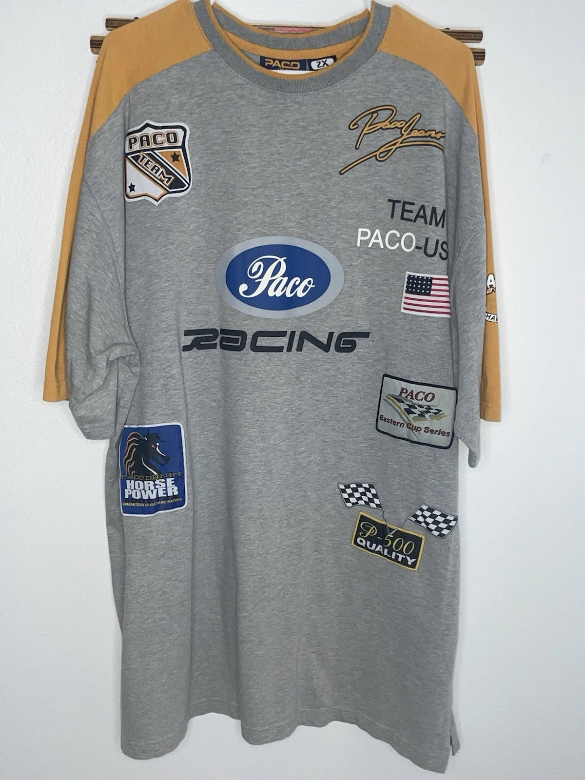 Paco Jeans Racing Team Graphic Shirt Mens 2X Gray Yellow Y2K Streetwear