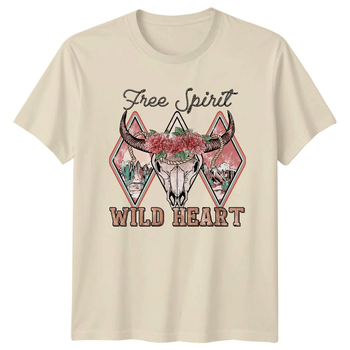 Free Spirit Wild Heart Womens T-Shirt Boho Cow Skull Western Lifestyle