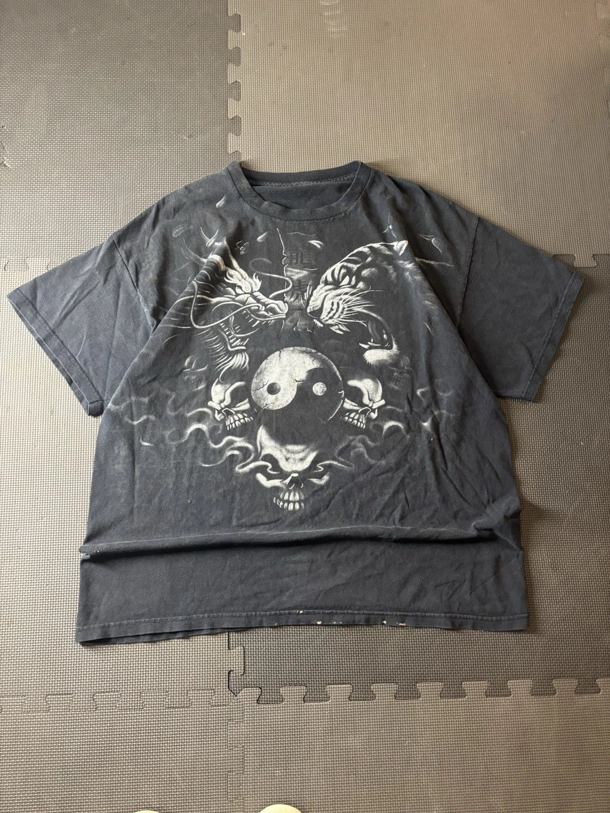 Y2K Graphic Skull Yin Yang Dragon Tiger Men's T-Shirt Black XL Short Sleeve