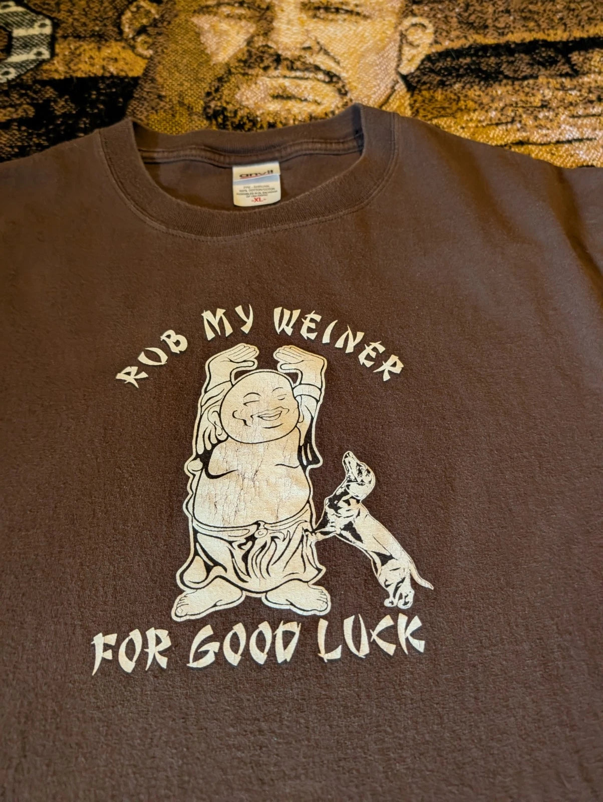 VINTAGE Y2K NSFW Weiner Dog Humor T Shirt XL Rub My Weiner For Good Luck BUDDHA