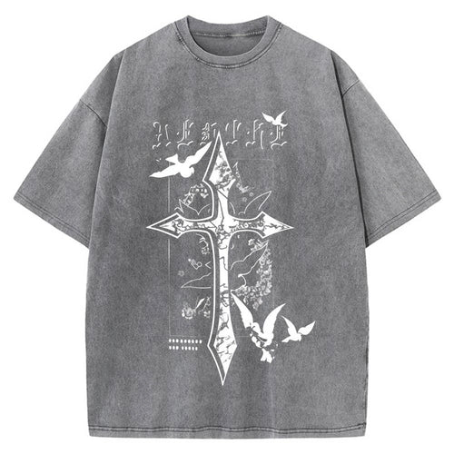 100% Cotton Oversized T-Shirt, Floral Cross Doves Vintage Streetwear Unisex Tee