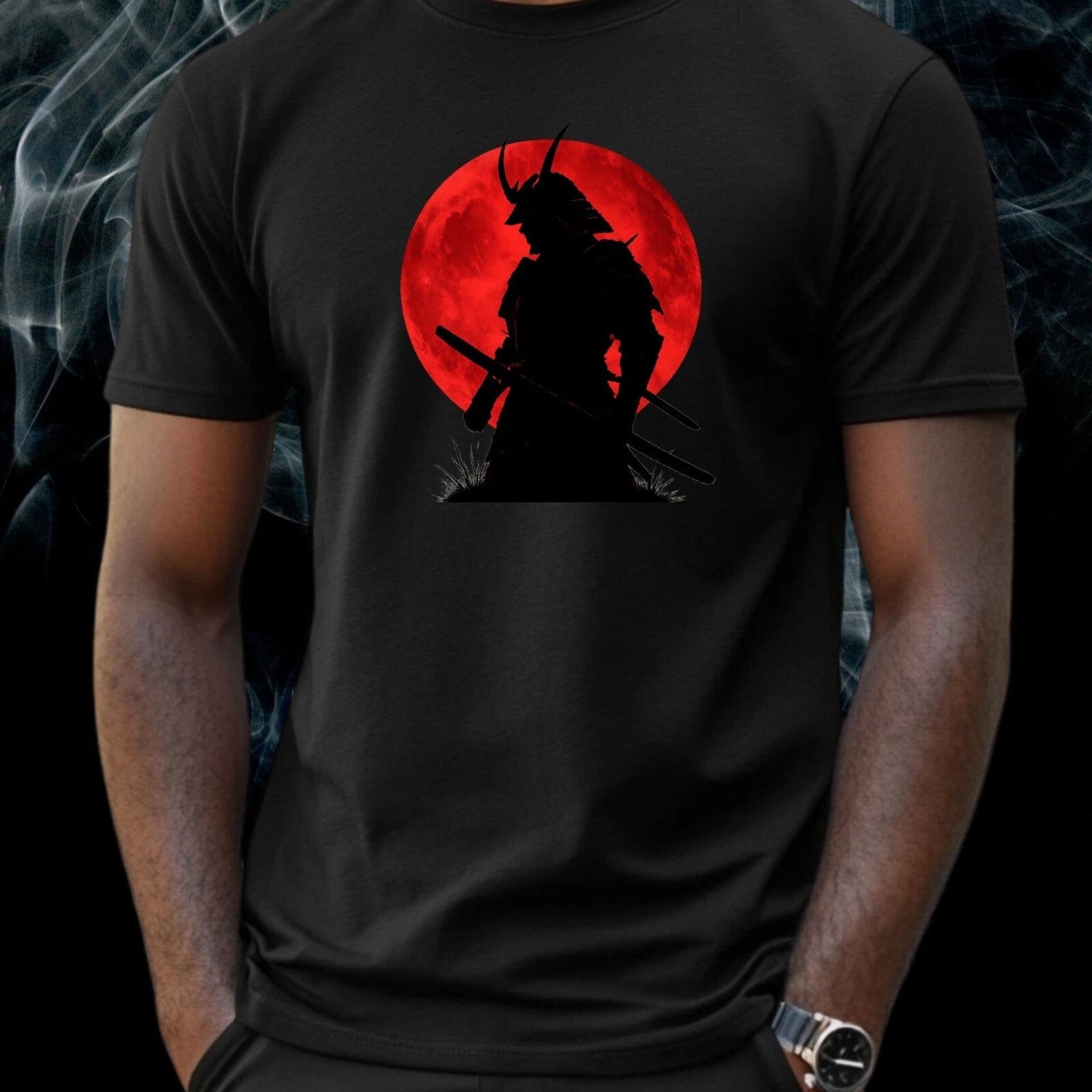 Mens Samurai Under The Red Moon Motif Cotton T-Shirt Size XS to 5XL