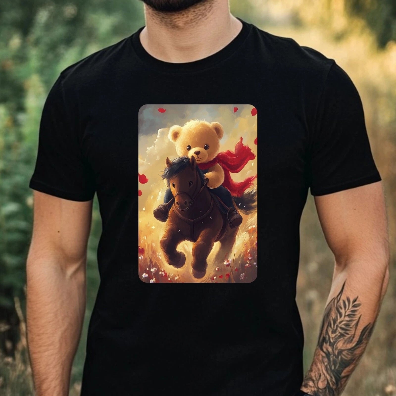 Mens Teddy Bear on Horse Print Cotton T-Shirt Size XS to 5XL