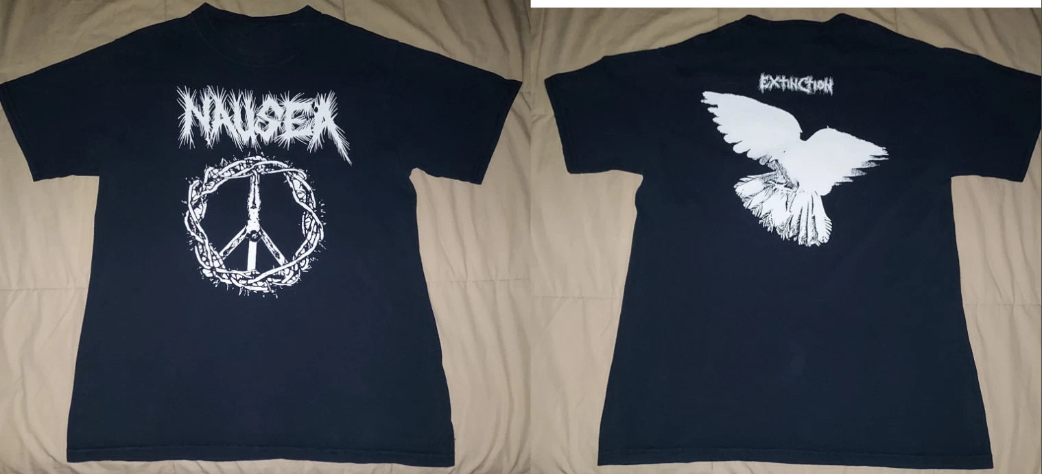 Nausea Extinction T-Shirt Vintage Crust Punk Band Black Bird Peace Logo Tee