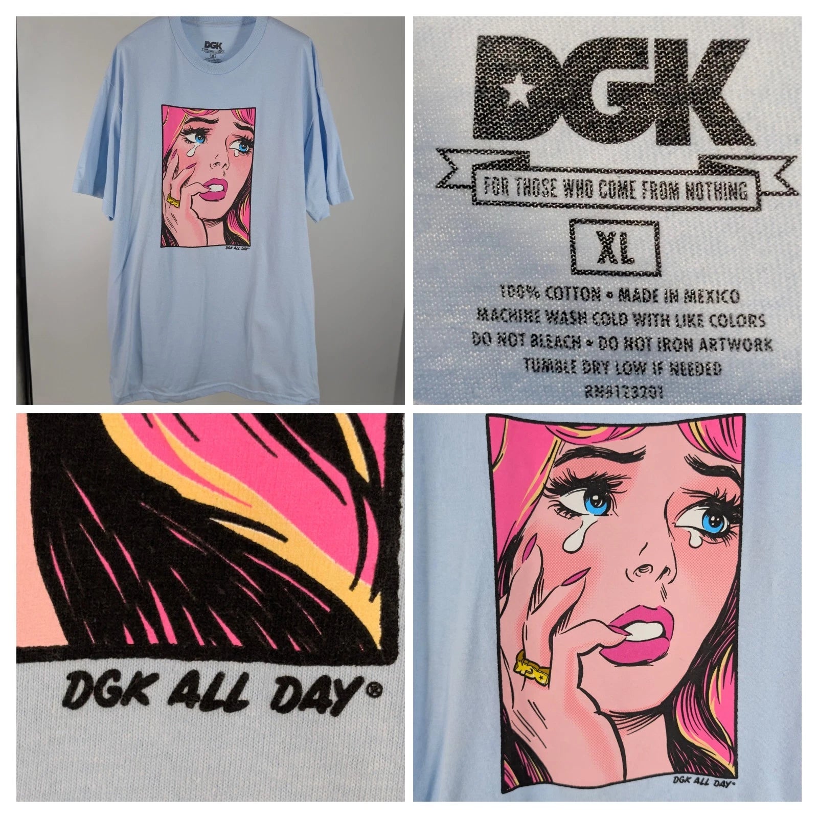 DGK All Day Crying Girl Pop Art T Shirt Lichtenstein Comic Graphic Tee Blue XL