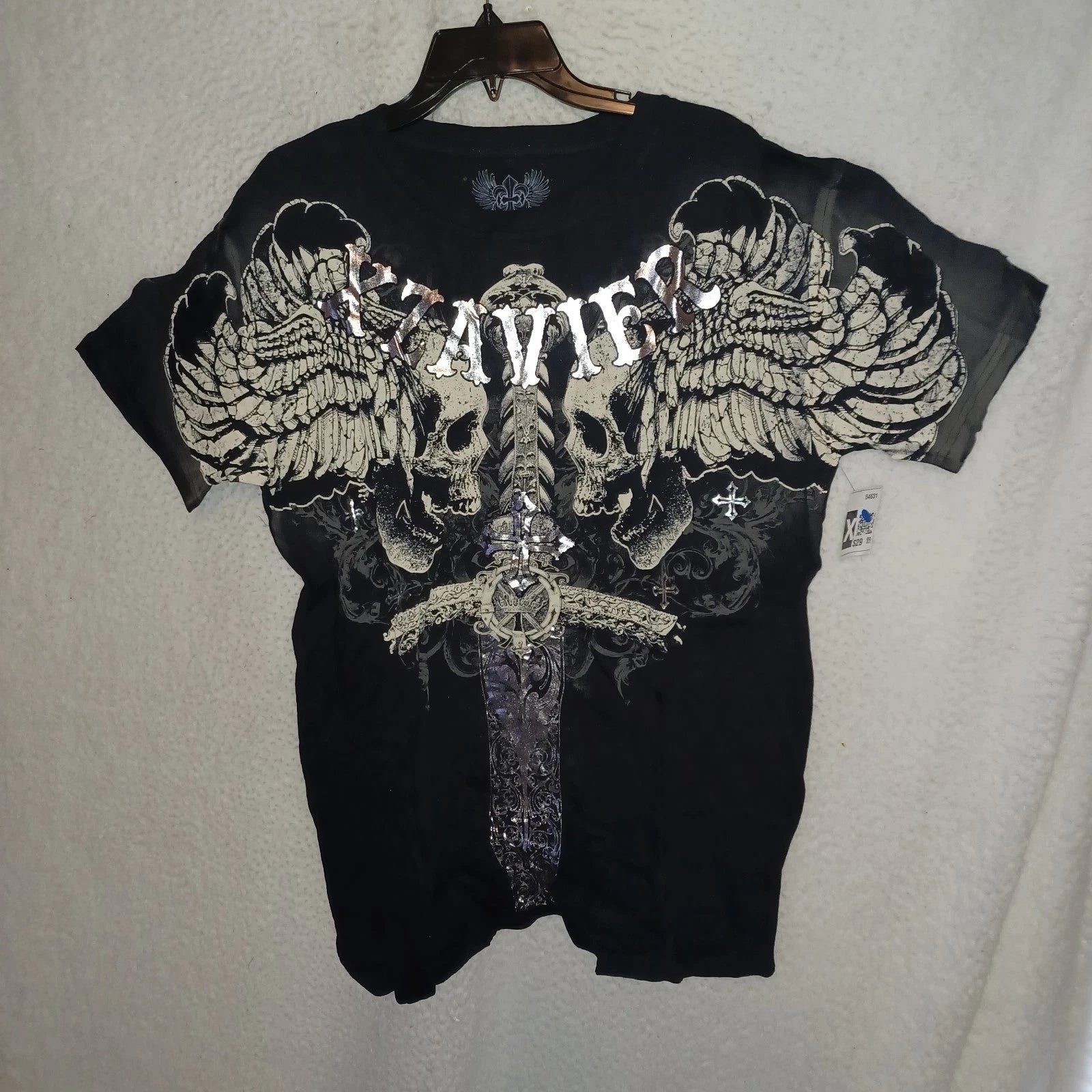 Xzavier Men XL Black Graphic Tee Shirt Black Skull Sword Cross Gothic Biker (GV)