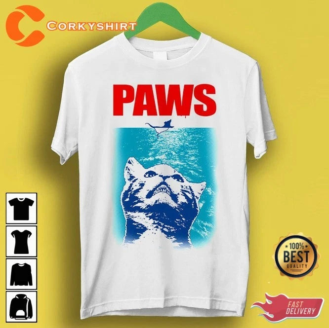 Paws Jaws Cat Parody Design Meme Funny T-Shirt S-5XL FREE SHIPPING