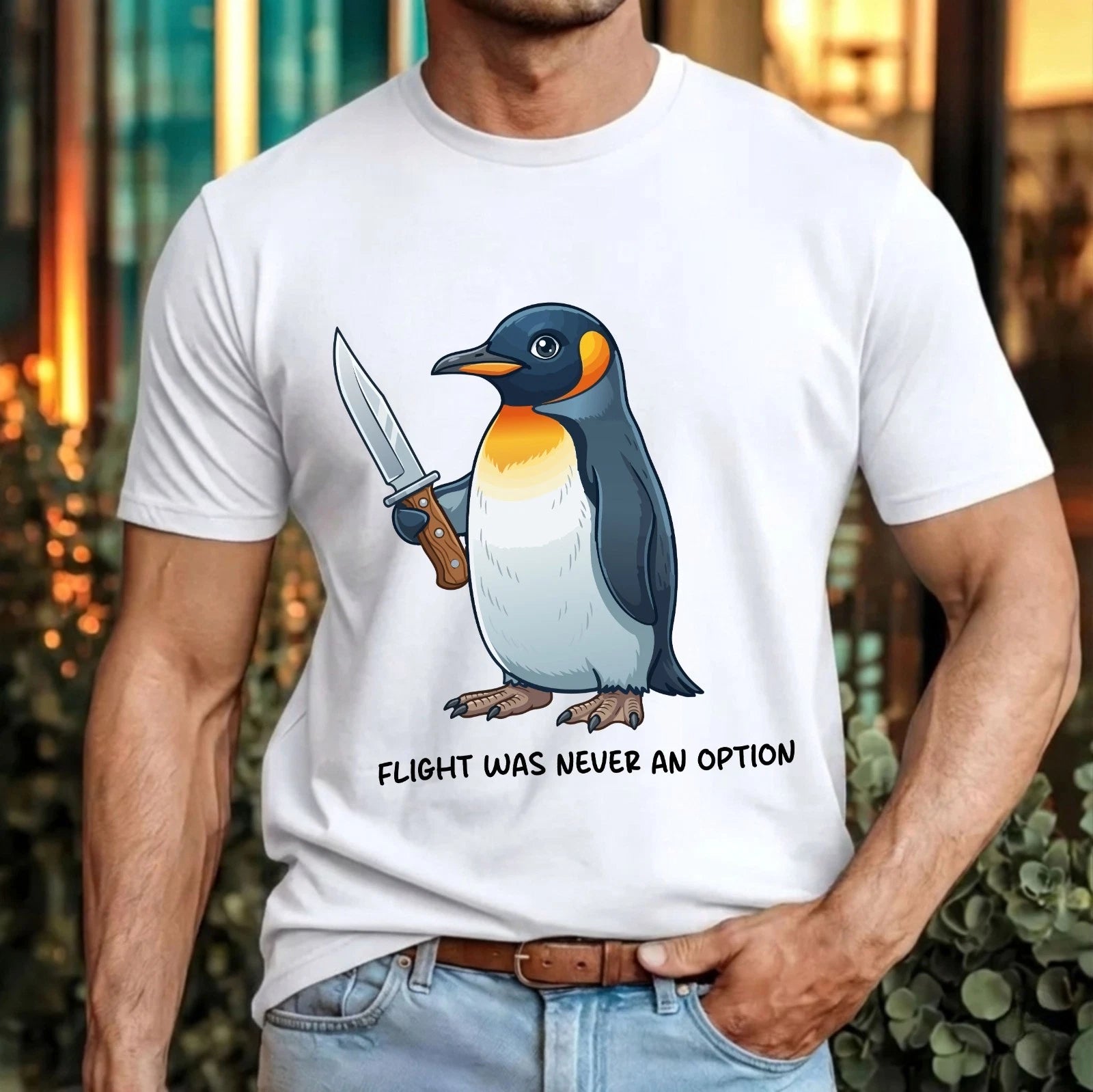 Flight Was Never An Option T-Shirt Funny Penguin Dark Humour Meme Gift Tee Top