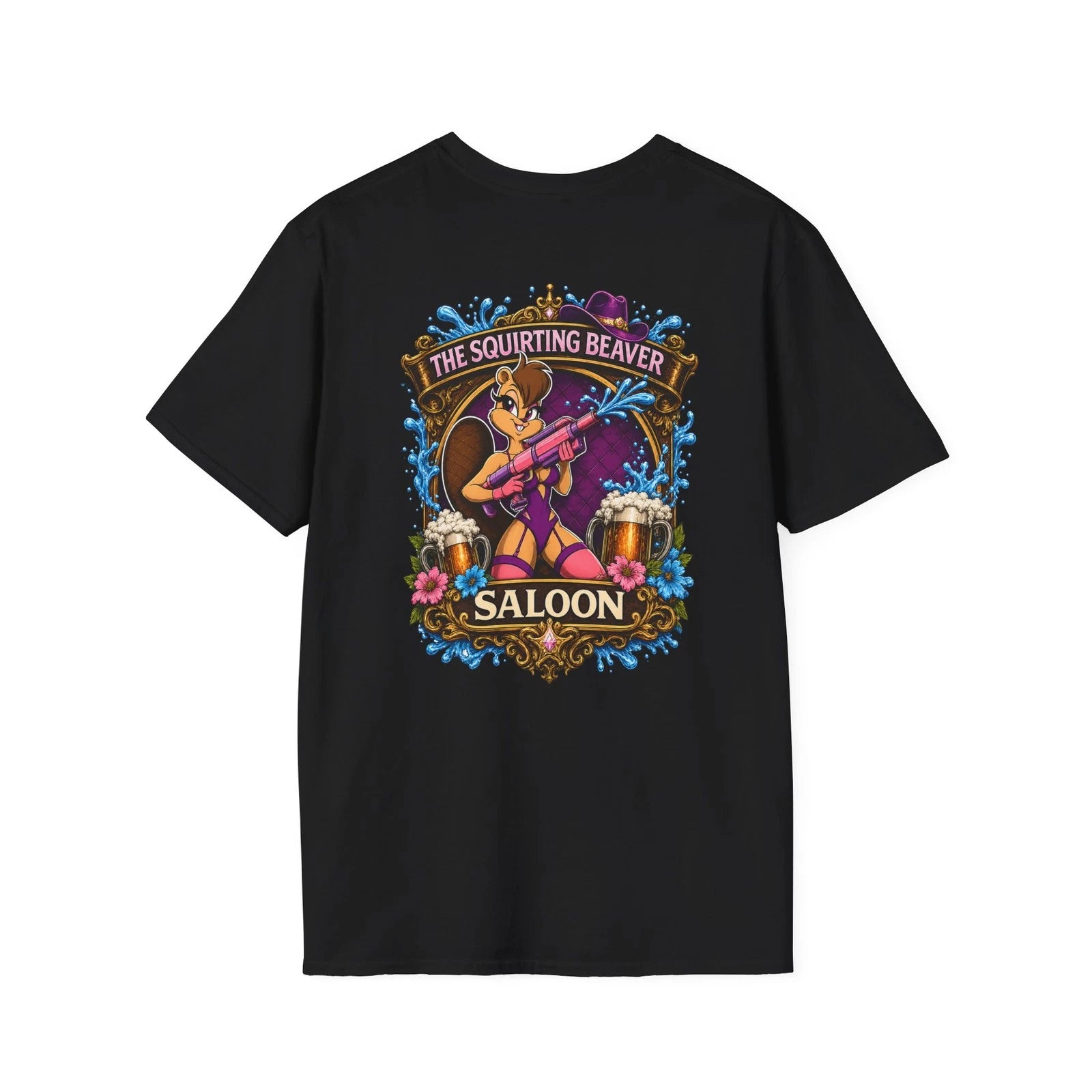 The Squirting Beaver Saloon Funny Adult Humor Western Back Side Graphic T-Shirt
