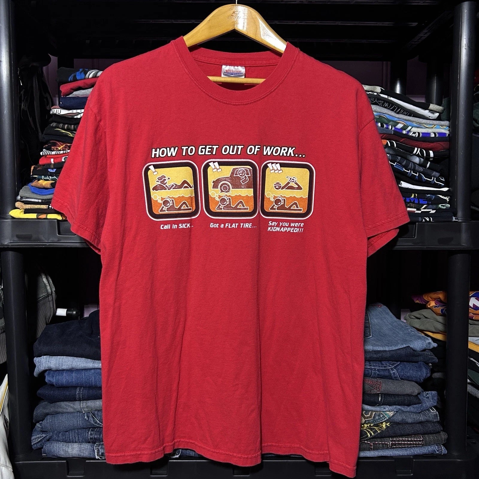 Vintage Y2K Funny How To Get Out Of Work Graphic T-Shirt Size L