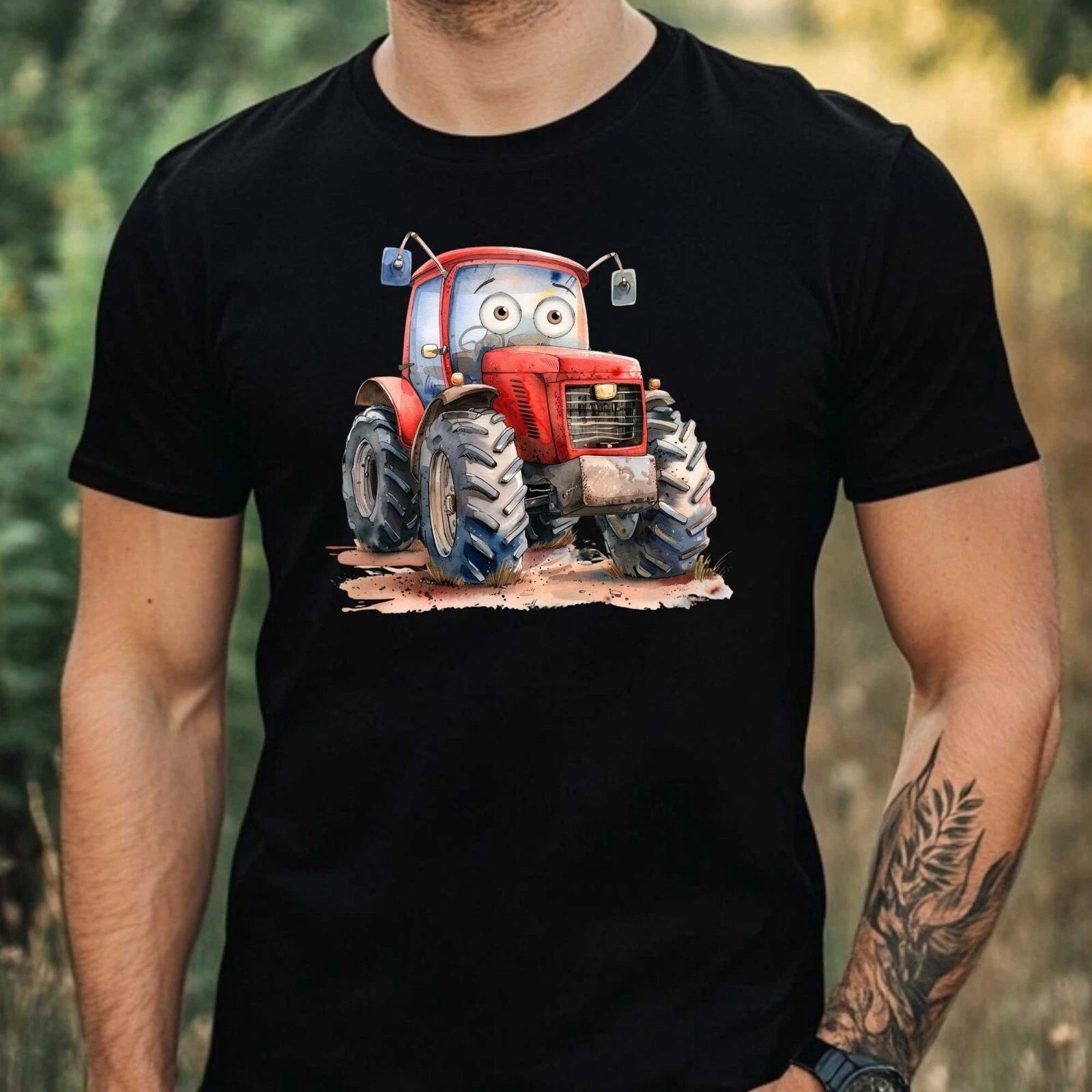 Mens Watercolour Tractor Motif Cotton T-Shirt Size XS to 5XL