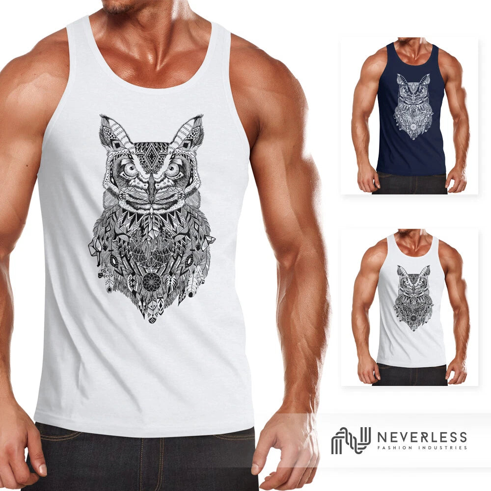 Mens Tank Top Owl Atzec Print Ethnic Boho Bohamian Atzec Owl Neverless®
