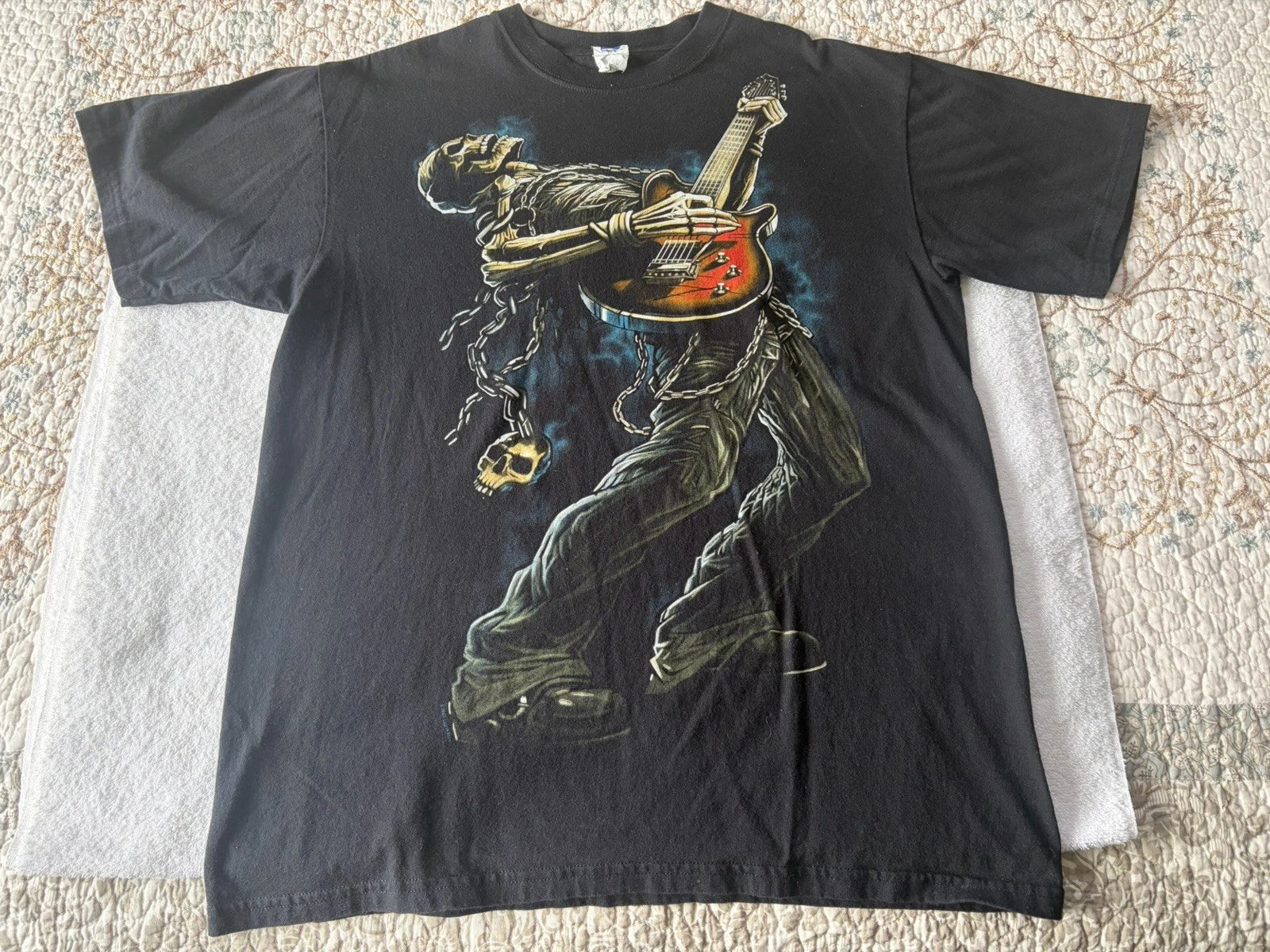 Vintage Black Skeleton Playing Guitar Men's T-Shirt Size Large Y2K Skulls Grunge