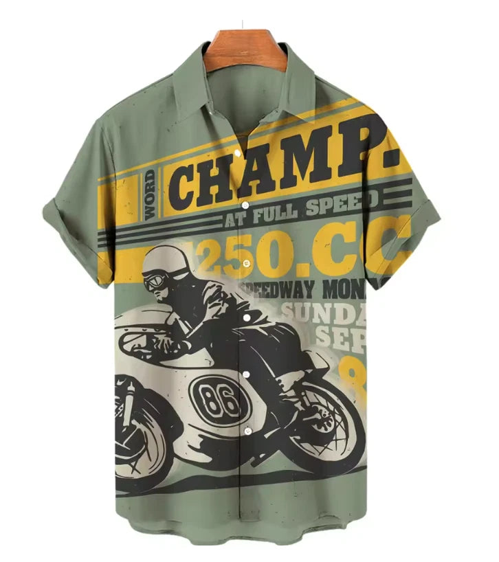 Mens Button Down Shirts Motorcycle Motorbike Printed Hawaiian Tops Novelty Gift