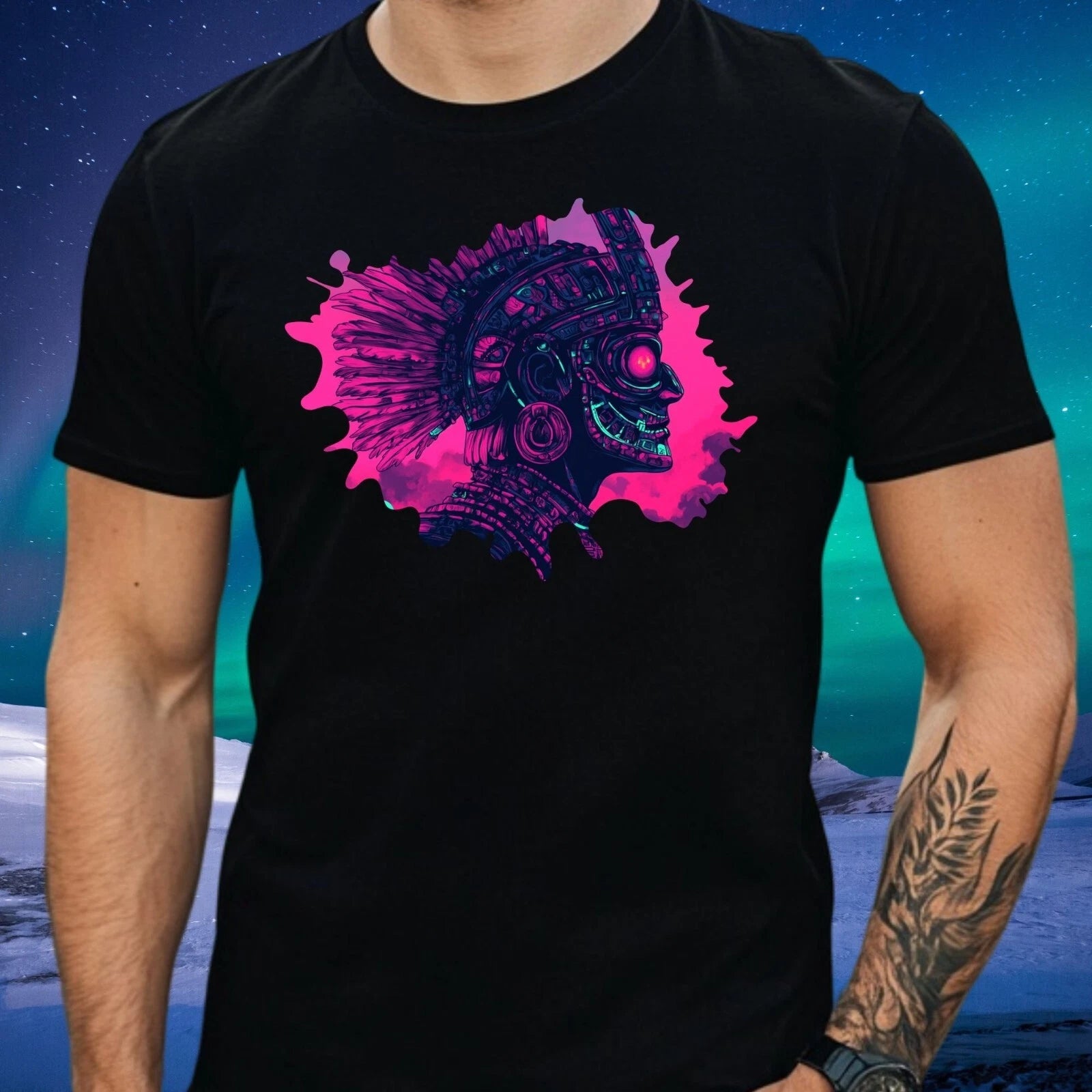Mens Traditional Warrior Motif Cotton T-Shirt Size XS to 5XL