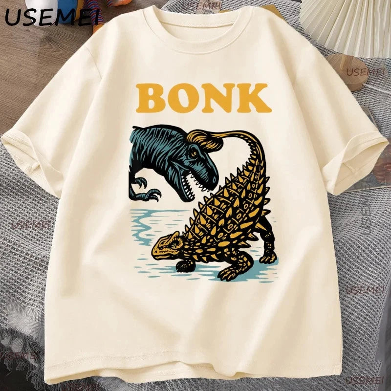 Funny Dinosaur Bonk Meme Print T Shirts Random Men Women Humour Short Sleeve