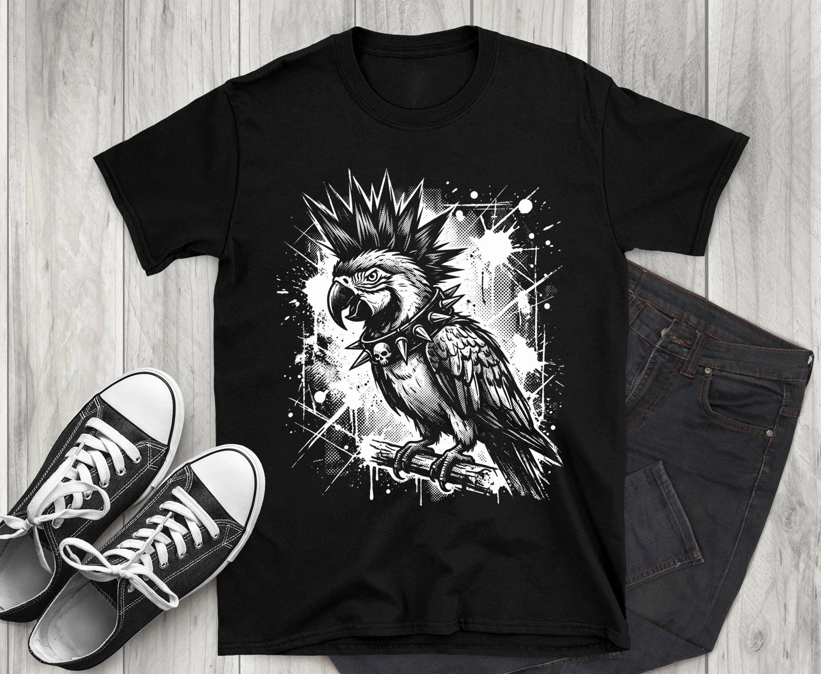Punk Rock Parrot T-Shirt, Edgy Grunge Parrot Tee, Alternative Goth Bird