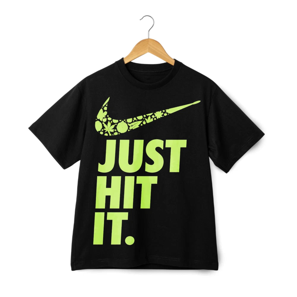 Just Hit It Botanical Swoosh Parody Pot Leaves Print T-Shirt, Retro Casual Tee