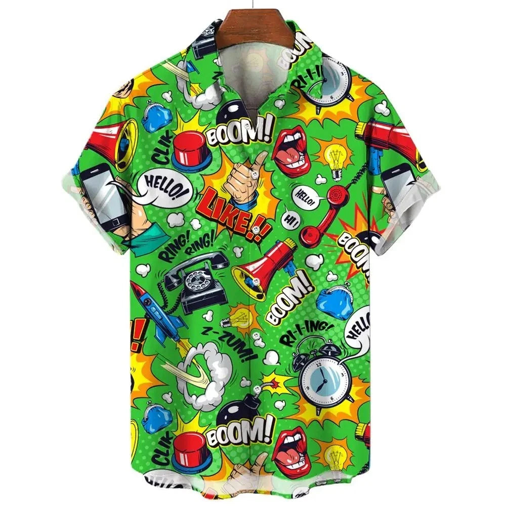 Mens Button Down Shirts Graffiti Printed Hawaiian Colour Tops Novelty Gift Shark